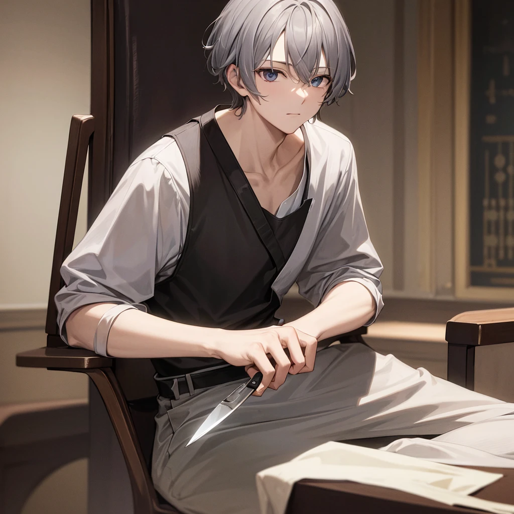 masterpiece, Highest quality, 4K images,jett1 person,Gray Hair, Precision Eyes, alone, holding a knife,Sitting in a chair,I&#39;m playing games on my computer,Wearing headphones,jett \(Valuing\), blue cropped jacket, sleeveless, black bodysuit, black pants