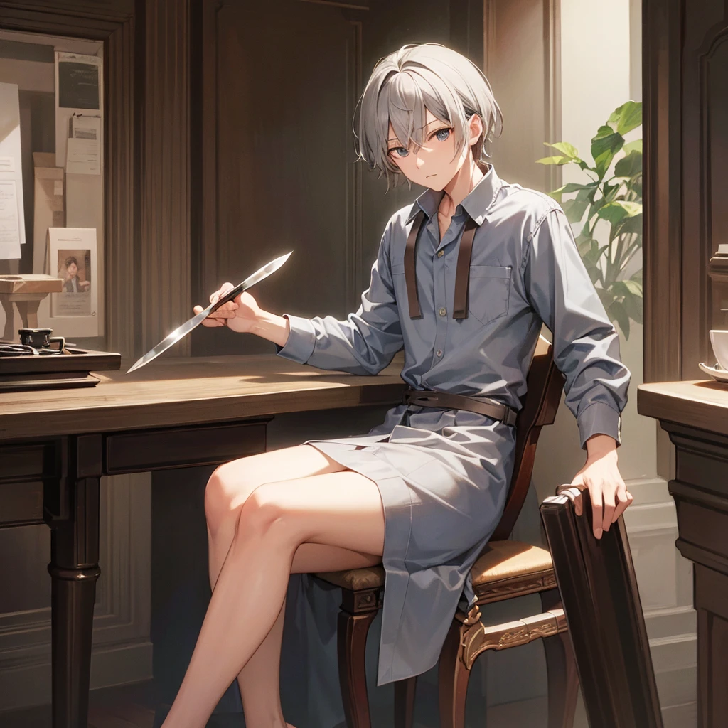 masterpiece, Highest quality, 4K images,jett1 person,Gray Hair, Precision Eyes, alone, holding a knife,Sitting in a chair,I&#39;m playing games on my computer,Wearing headphones,jett \(Valuing\), blue cropped jacket, sleeveless, black bodysuit, black pants