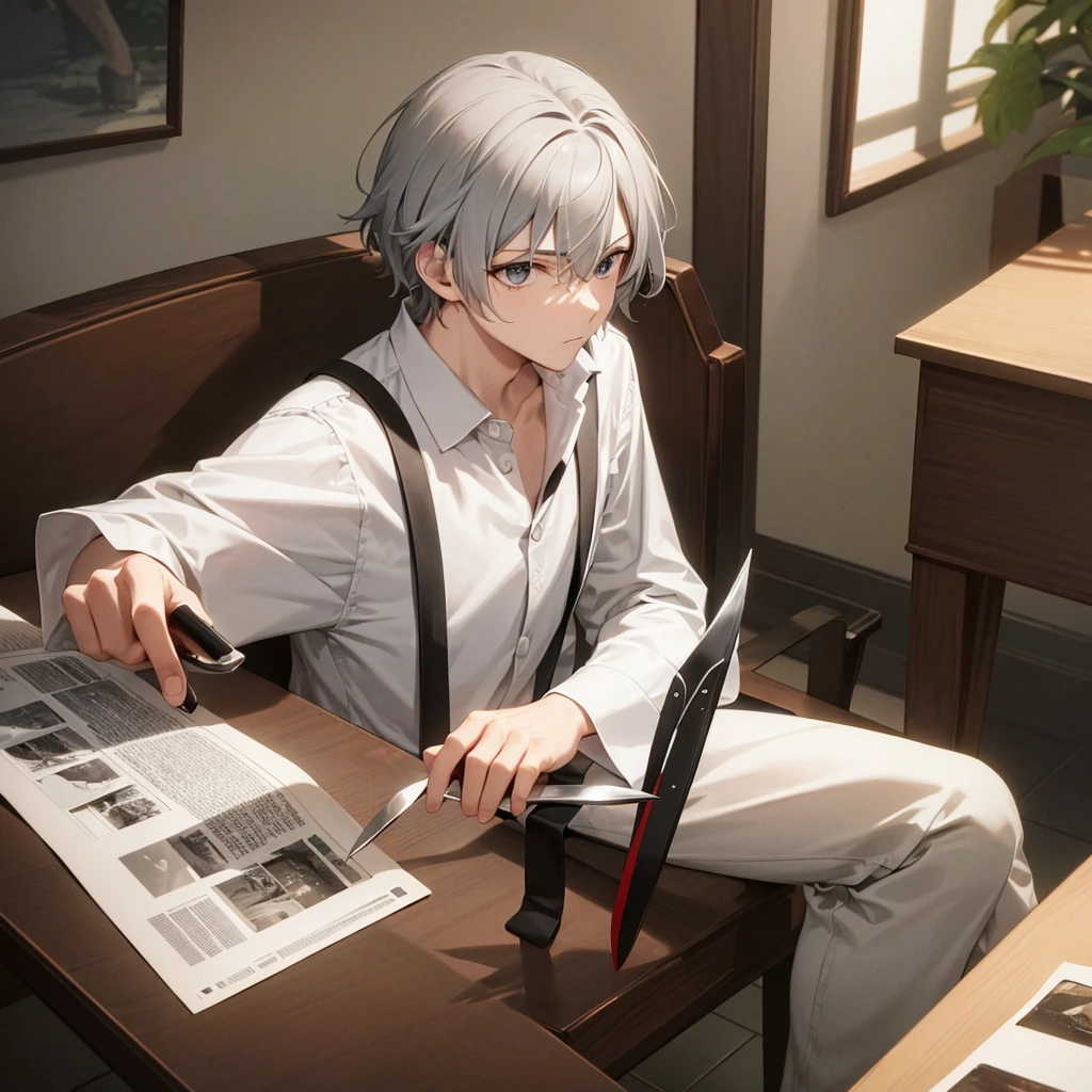 masterpiece, Highest quality, 4K images,jett1 person,Gray Hair, Precision Eyes, alone, holding a knife,Sitting in a chair,I&#39;m playing games on my computer,Wearing headphones,jett \(Valuing\), blue cropped jacket, sleeveless, black bodysuit, black pants