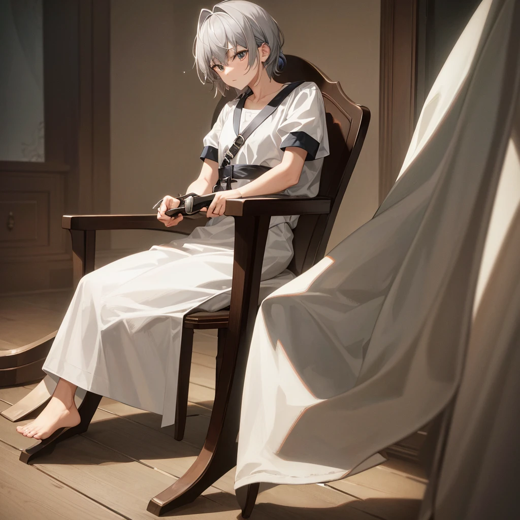 masterpiece, Highest quality, 4K images,jett1 person,Gray Hair, Precision Eyes, alone, holding a knife,Sitting in a chair,I&#39;m playing games on my computer,Wearing headphones,jett \(Valuing\), blue cropped jacket, sleeveless, black bodysuit, black pants