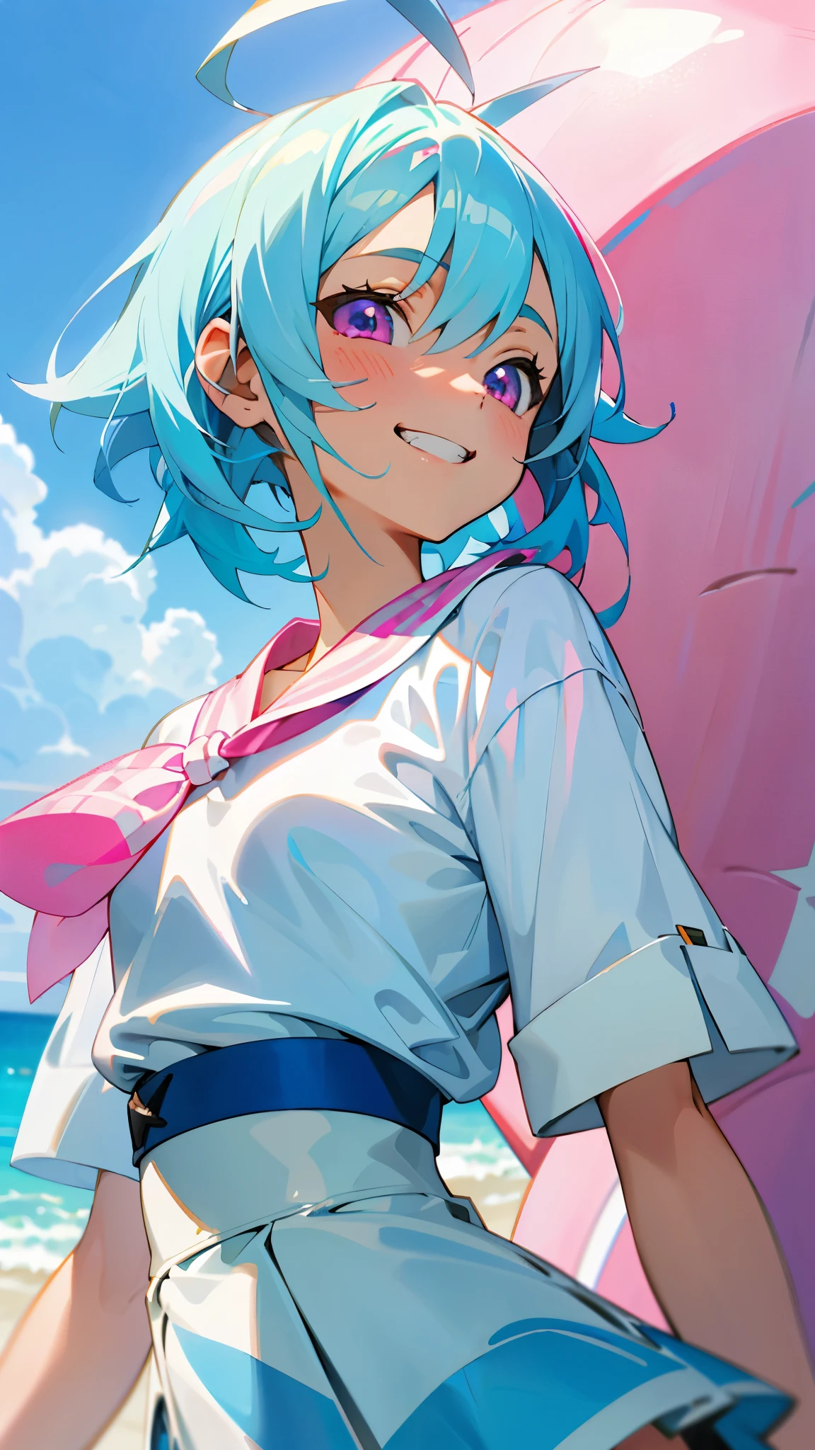 16-year-old girl、Anime style painting、Light blue hair、Pink Eyes、Small breasts、white blouse shirt、Checked mini skirt、Upper body close-up、Sandy beach background、Blue sky and white clouds、Grin、From the side、Sharp contours