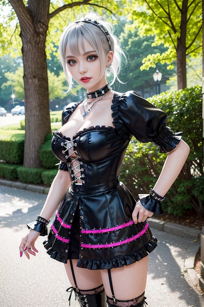 sexy stylish female model, only 1 female, ((doll-like appearance)), very short multicolor stylish hair, ((shiny Punk-Style boots)), (beautiful smile), ultra detailed eyes, Punk makeup, lipgloss, ((sexy Punk Lolita cosplay)), unconventional skirt, petticoats, high neckline, ((ultra detailed lace)), ((ultra detailed embroidery)), intricate details, tartan patterns, (silver chains), (silver spikes), (safety pins), Punk Lolita accessoires, Punk Lolita choker, ((large sparkling Punk Lolita jewelry)), cinematic light, detailed large park background with trees