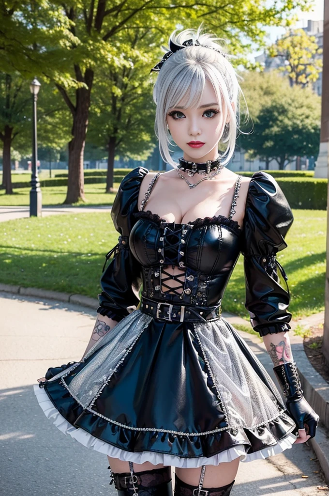 sexy stylish female model, only 1 female, ((doll-like appearance)), very short multicolor stylish hair, ((shiny Punk-Style boots)), (beautiful smile), ultra detailed eyes, Punk makeup, lipgloss, ((sexy Punk Lolita cosplay)), unconventional skirt, petticoats, high neckline, ((ultra detailed lace)), ((ultra detailed embroidery)), intricate details, tartan patterns, (silver chains), (silver spikes), (safety pins), Punk Lolita accessoires, Punk Lolita choker, ((large sparkling Punk Lolita jewelry)), cinematic light, detailed large park background with trees