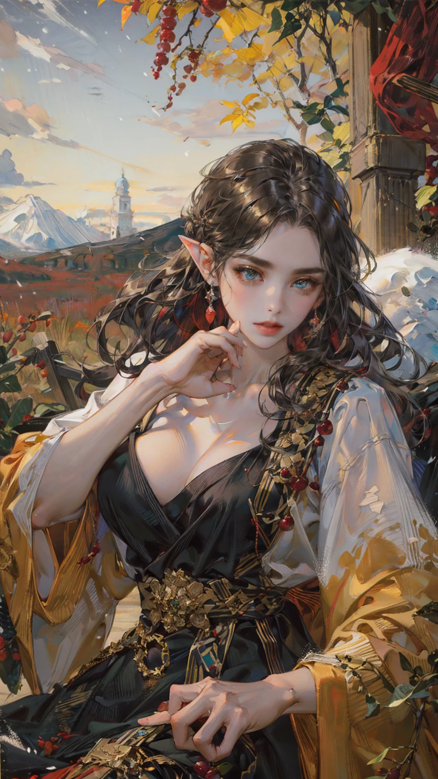 golden eyes,black hair,elf ears,(Fechin Oil Painting - Fechin Oil Painting , oil painted) ((best quality)), ((masterpiece)), (detailed),big tits, autumn ,leaves scatter, snow falling down ,vivid colors ,vibrant colors, forest, sky clouds,(red berries)red berries on a bush,(autumn)