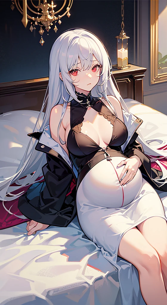 one pregnant anime girl with white hair and red eyes, chained and laying on a bed. Sad. breast feeding