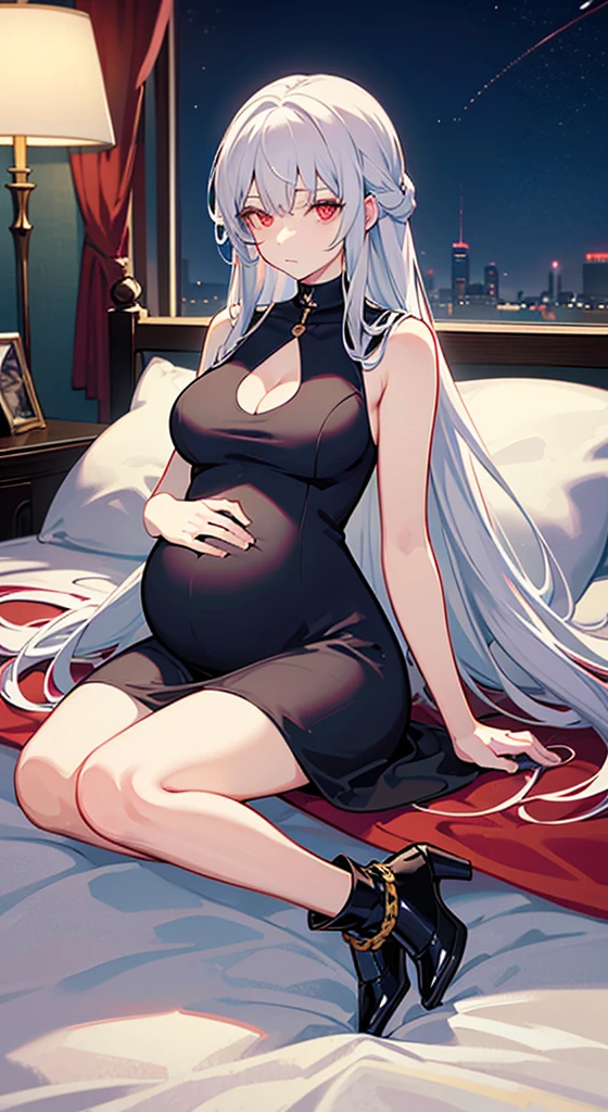 one pregnant anime girl with white hair and red eyes, chained and laying on a bed. Sad. breast feeding