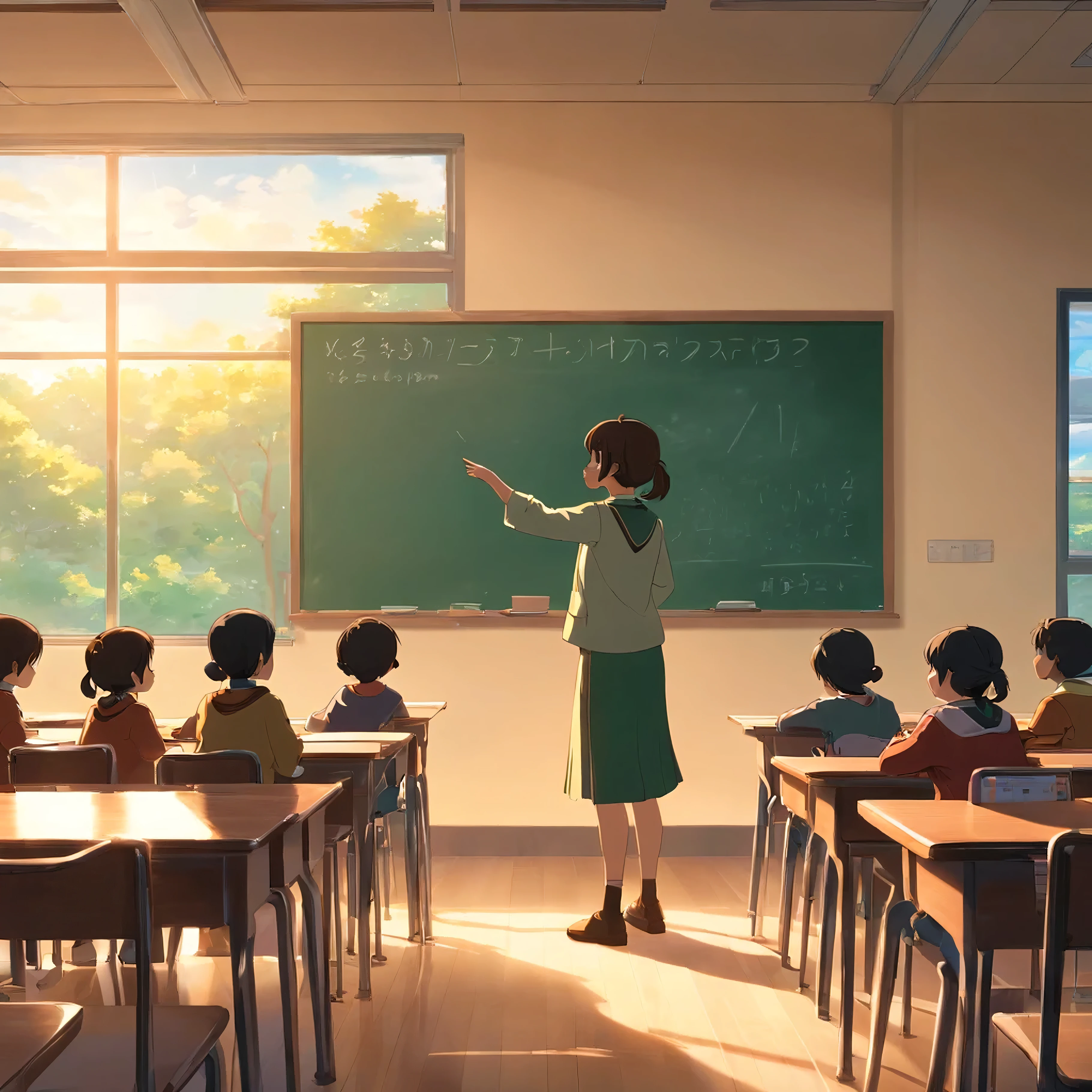 A silhouette of a volunteer.,She is lecturing to children at the blackboard.。You can also see the silhouettes of the children listening attentively.。In the background there is a bright classroom.,Tables and chairs are basic.,Show the spirit of selfless dedication of volunteers.。