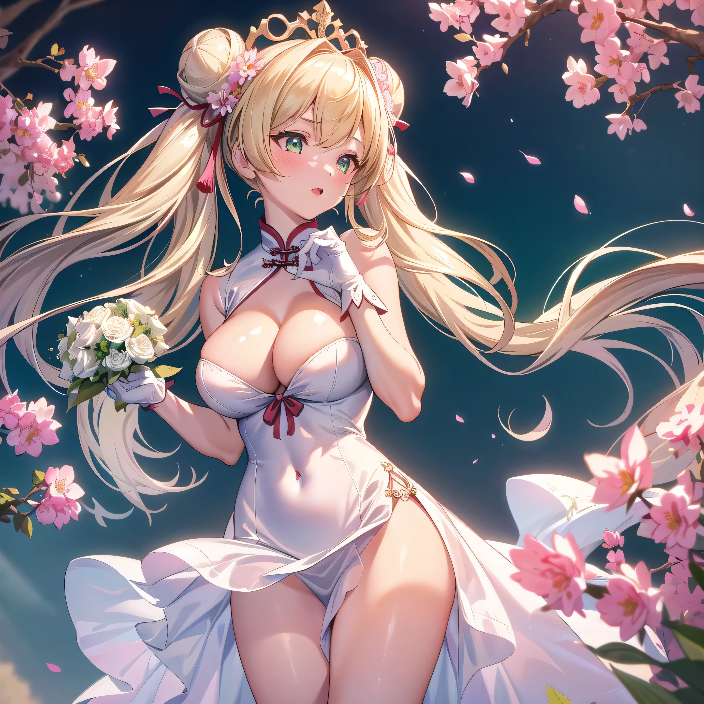 20 years old,1 girl,hyperrealistic, 8k, (extremely detailed 8k), (very delicate and beautiful), (masterpiece), (better quality:1.0), (ultra high resolution:1.0), (masterpiece, best quality), cute,blonde, big tits, huge cleavage cutout,(broen dress:1.3),(crop top navel:1),gleaming skin,twintails,twin bun,a red ribbon on the head,long hair,light green frill Chinese-made dress,white long gloves,delighted,pink border,hold a bouquet of flowers,from the front,a bunch of flowers,POV,bust shot