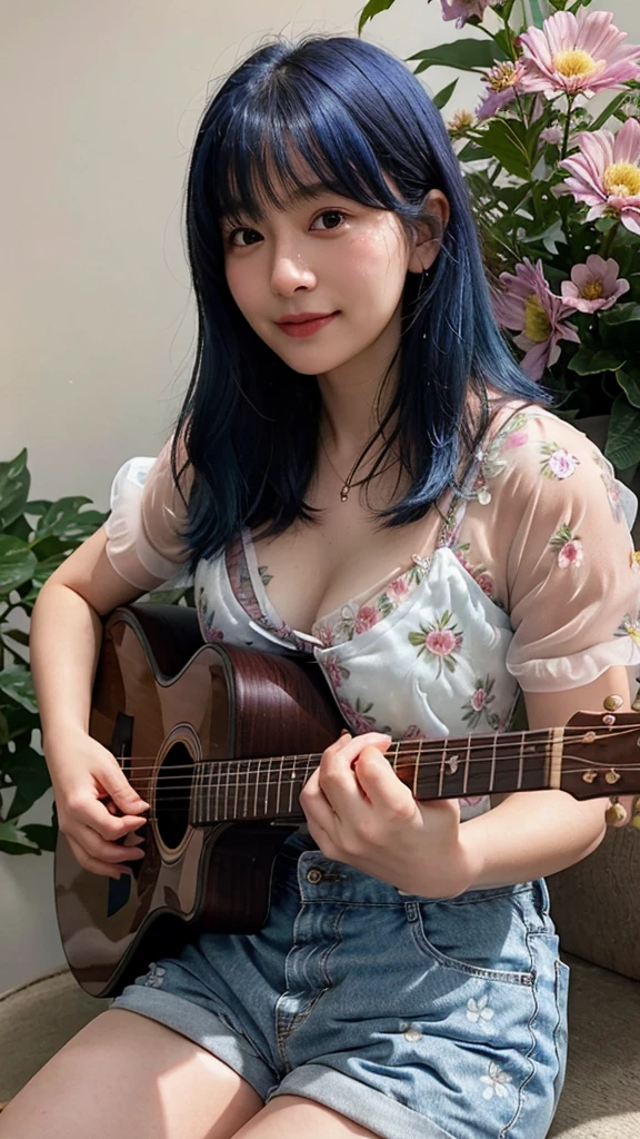 ((best quality)), photorealistic, photorealism, Photorealistic, high resolution, ((Wearing sheer floral shirt, short pants))、smile、A superb beauty、Super cute、ennui、Rare beauty、Very Short hair、Black Dark Eyeshadow、Sad、white skin、pale skin, Very short hair layered、Cute Makeup、Cute Smile、Fragrant beauty、Music studio background、Mastepiece、Best Quality、Refers to 5 books、Sweat glistening on my chest、Sweat glistening on my face、Medium breasts、Blue hair、Age 20 years old、Mysterious look、A sad expression、Blue Hair、Glamorous music studio、Sweating profusely all over the body、Plenty of sweat glistening on the thighs、A large amount of sweat glistens on my thighs、Sweating profusely、Gal、Medium breasts、Beautiful face、Alluring expression、Sitting、Sitting playing guitar、Thick thighs、Playing guitar、I have a guitar、Sing a song enthusiastically、Playing guitar in a band、Rock band、Playing guitar chords、Live House Background、Sing a song、Open your mouth、Live house scenery、Glamorous live stage、Dynamic Angle