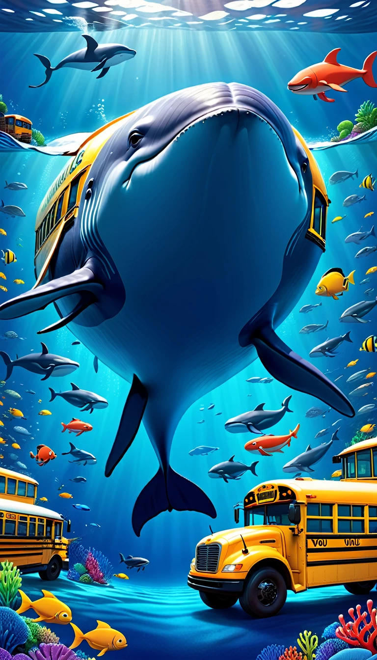 Create a 3-D Pixar style art scene for kids featuring a blue whale swimming beside three school buses for size comparison. The scene should be colorful and vibrant, with an ocean background, coral reefs, and schools of fish. The text 'Did you know? Whales are the biggest animals on Earth!' should be prominently displayed. The overall mood should be engaging and inviting for young children.