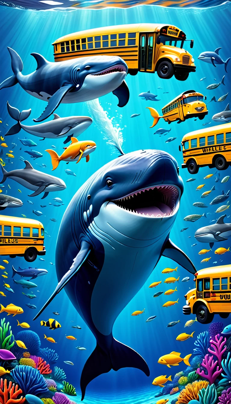 Create a 3-D Pixar style art scene for kids featuring a blue whale swimming beside three school buses for size comparison. The scene should be colorful and vibrant, with an ocean background, coral reefs, and schools of fish. The text 'Did you know? Whales are the biggest animals on Earth!' should be prominently displayed. The overall mood should be engaging and inviting for young children.