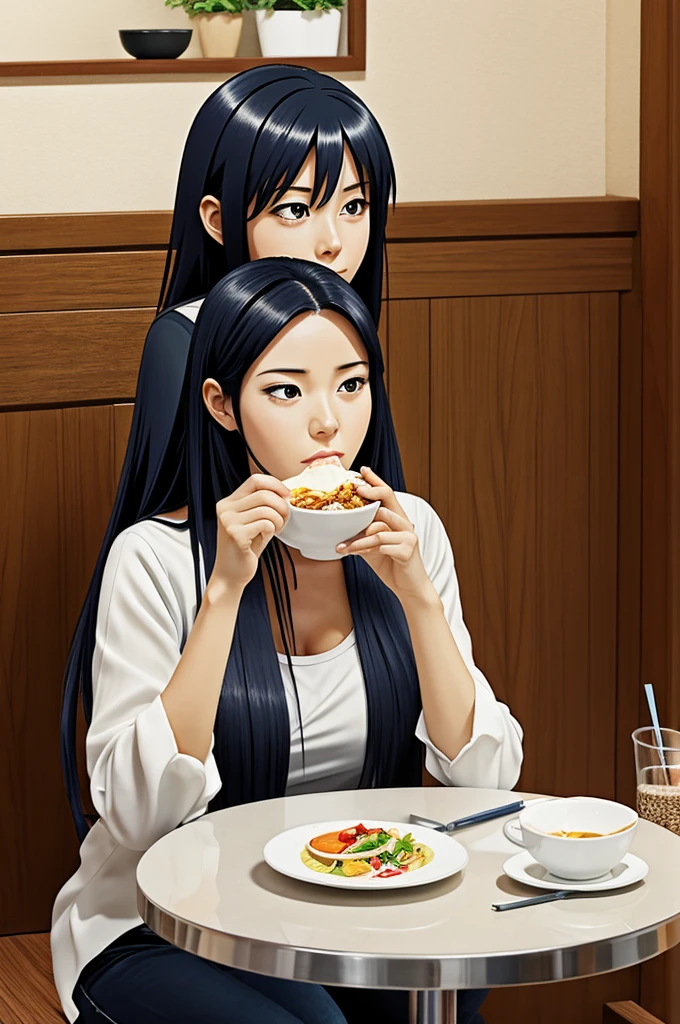 Anime style drawing of a recently divorced woman eating alone