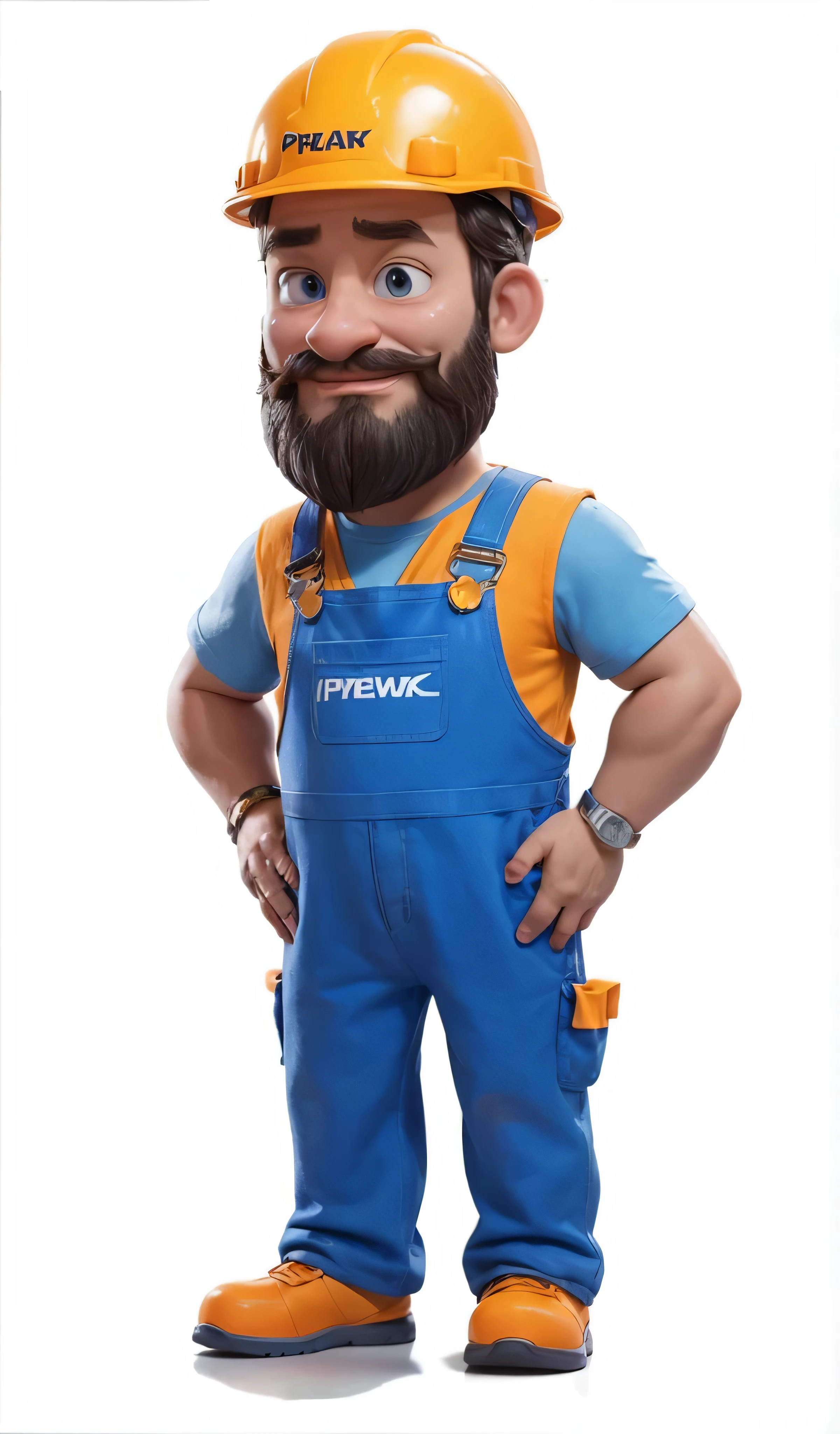 Illustration of a middle-aged renovation worker, white men, wearing a beard. Full-body image. plain gray background, well-lit, He must be wearing a blue jumpsuit and an orange helmet on his head.. The illustration must be done in pixar style. the character is pointing with one hand to the side, indicating a product. is an animated character, stylized character, animation style rendering, 3d stylized, Arnold Maya rendering, Stylized 3D rendering, toon render screenshot, 3d character, 3d character, Stylized 3D rendering, 3D character rendering, cartoon character. full body character pose, (Pixar-style) (master part:1.2) (bokeh) (best qualityer) (Detailed white skin) (detailed texture) (8K) (Argilla) (cinematic lighting) (sharp focus) Pixar-style