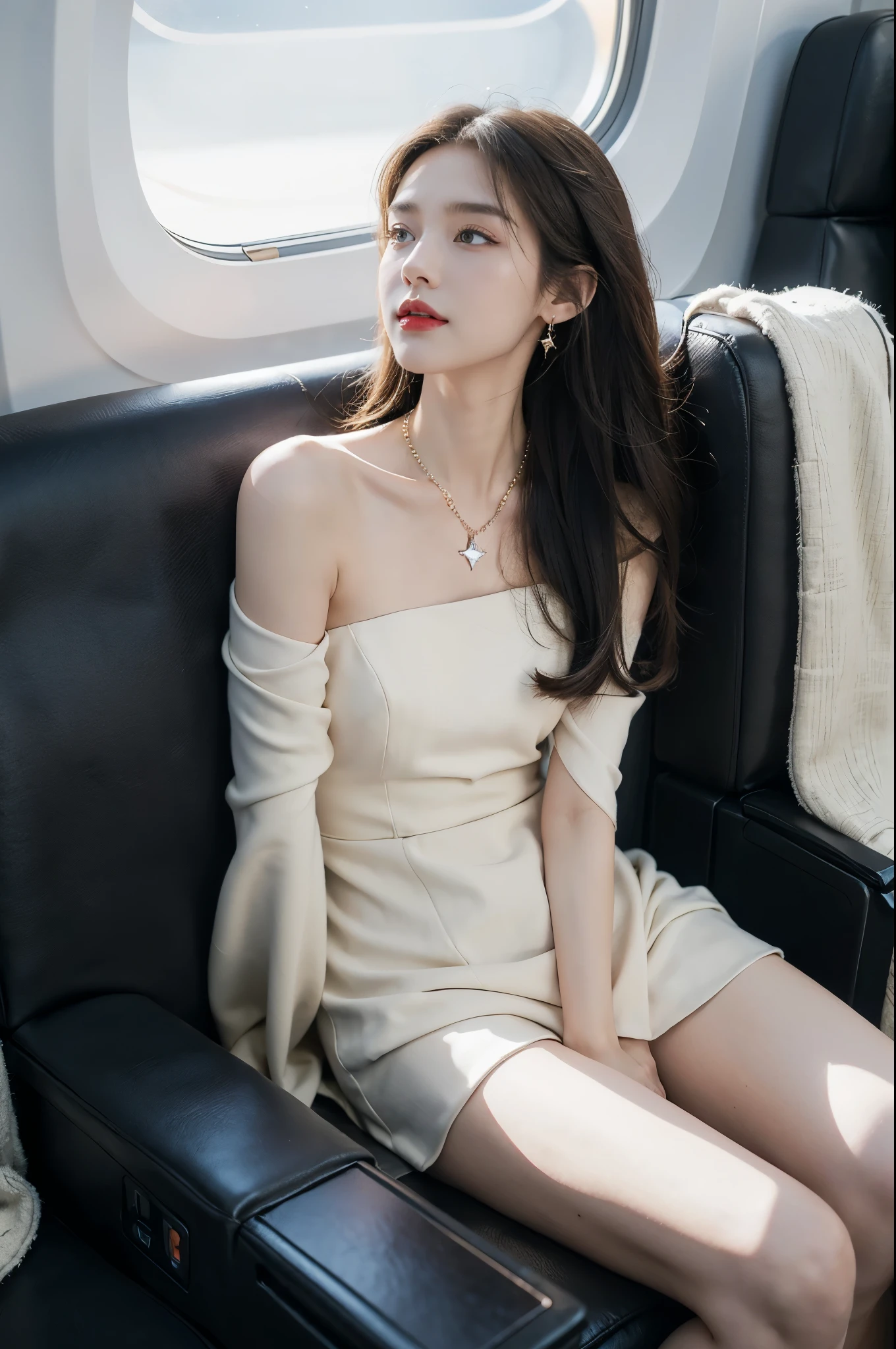 (((best quality))),(((ultra detailed))),(((masterpiece))),illustration,(a beautiful girl,female passenger,solo),(parted red lips),((slim,thin,small breasts,flat chest)),((earrings,crystal necklace)),(slender legs:1.2),summer night,((in airplane,economy class,indoor)),(blanket over shoulders:1.3),((dress)),(shoulder length straight bob hair:1.2),stars,moonlight,smooth flight,engine sound,lullaby,relaxed,excited,laughing,visiting family,comfortable seats,soft fabric,headrests,adjustable,beauty of night sky,dimmed lights,sleeping passengers,movies,personal screens,staying awake,magic of sky,joy of being with family,memorable journey,adventures,(surrounded by crowded crowds:1.3),(Outside the window is high-altitude night view:1.2),((sitting,from front,full body)),(arms behind back:1.3),(spread legs apart:1.3)