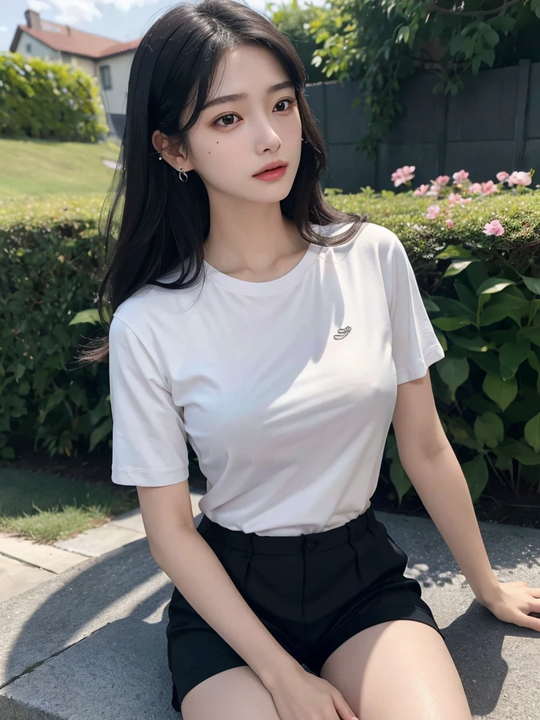 absurdres, RAW photo, extremely delicate and beautiful, masterpiece, Best Quality, ultra high resolution, 32k, hyperrealistic, ultra-detailed, in her 20s, delicate facial features, tearful mole, earring, medium breasts, full body shot, shorter middle hair, black hair, tennis uniform, shirt, shorts,