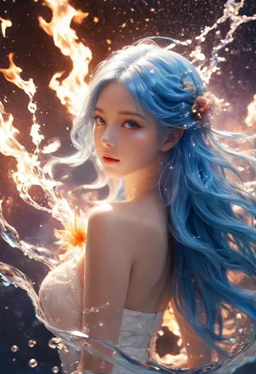 (Flame/flame/blaze,dynamic scene:1.3),absurd res, A high resolution, (offcial art, Beautiful and beautiful:1.2), (Near vision:1.15), (1个Giant Breast Girl, Blue hair, Medium hair, eBlue eyes, eyes with brightness, a white long skirt, Blue ruffles,:1.2) blue-sky, twinkling galaxy, (wine salt flats:1.2), (s fractal art:0.8), Water Effects, Ripple Effect, (flower effect: 0.65), Efeito de Luz,