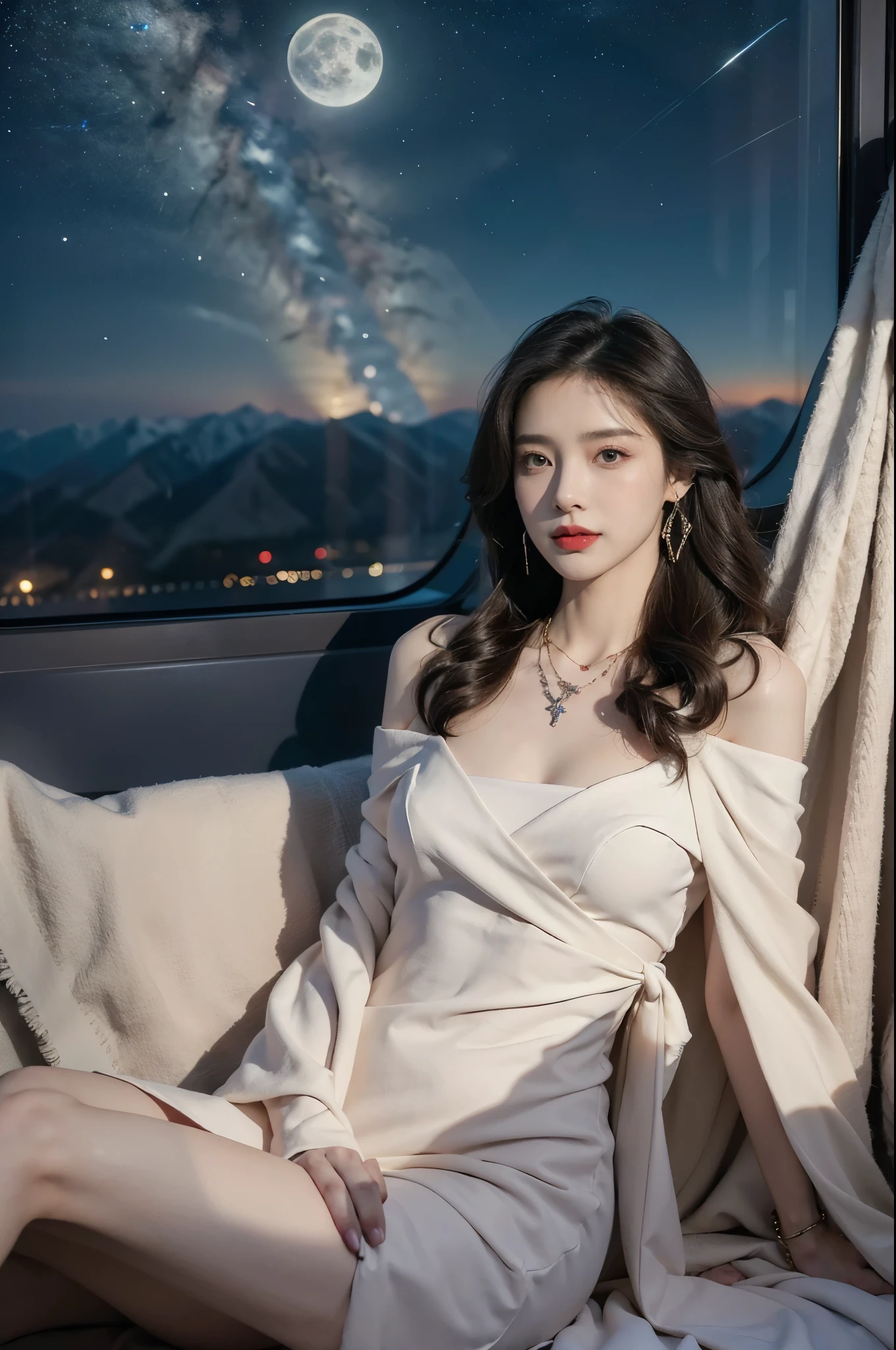 (((best quality))),(((ultra detailed))),(((masterpiece))),illustration,(a beautiful girl,female passenger,solo),(parted red lips),((slim,thin,small breasts,flat chest)),((earrings,crystal necklace)),(slender legs:1.2),summer night,((in airplane,economy class,indoor)),(blanket over shoulders:1.3),((dress)),(shoulder length straight bob hair:1.2),stars,moonlight,smooth flight,engine sound,lullaby,relaxed,excited,laughing,visiting family,comfortable seats,soft fabric,headrests,adjustable,beauty of night sky,dimmed lights,sleeping passengers,movies,personal screens,staying awake,magic of sky,joy of being with family,memorable journey,adventures,(surrounded by crowded crowds:1.3),(Outside the window is high-altitude night view:1.2),((sitting,from front,full body)),(arms behind back:1.3),(spread legs apart:1.3)
