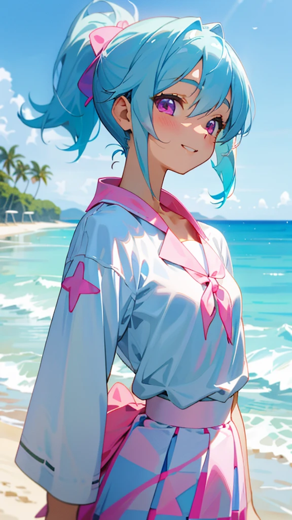 -yeld giAnime style painting、Light blue hair、Pink Eyes、Small breasts、white blouse shirt、Checked mini skirt、Upper body close-up、Sandy beach background、Blue sky and white clouds、smile、From the side、Sharp contours