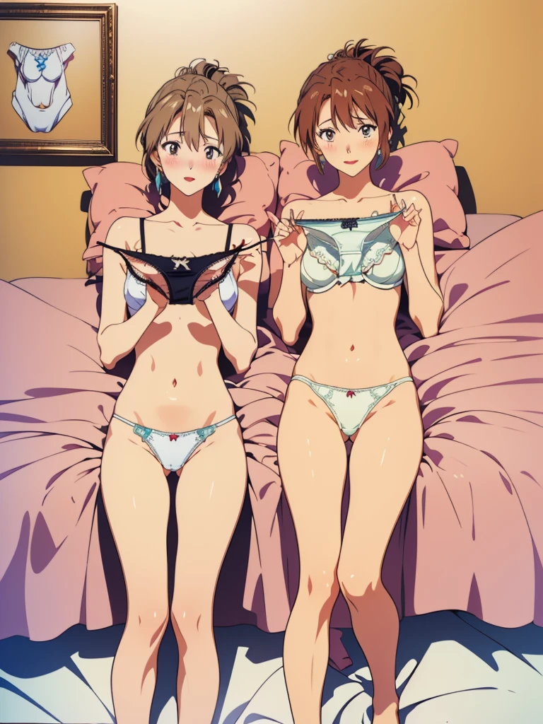 masterpiece, top quality, ultra detailed, ((((AIKA_SUMERAGI, folded ponytail, best anatomy, in underwear, (panties, elaborately designed luxury panties for adults, panties high definition images, draw panties with super precision), lace trimmed bra, extremely detailed texture, earrings, red lip, embarrassed, blush, smile)))), cowboy shot, (((underwear in bed room))), white skin, (presenting panties), (display panties),holding panties with both hands,(panties taken off:1.5), panties on bed, from above