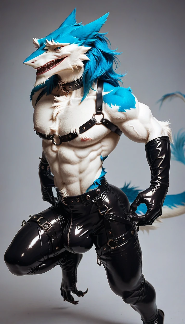 white sergal with buff athletic build wearing partial black latex outfit, giant bulge,, with collars and straps, dynamic pose, by darkgem 