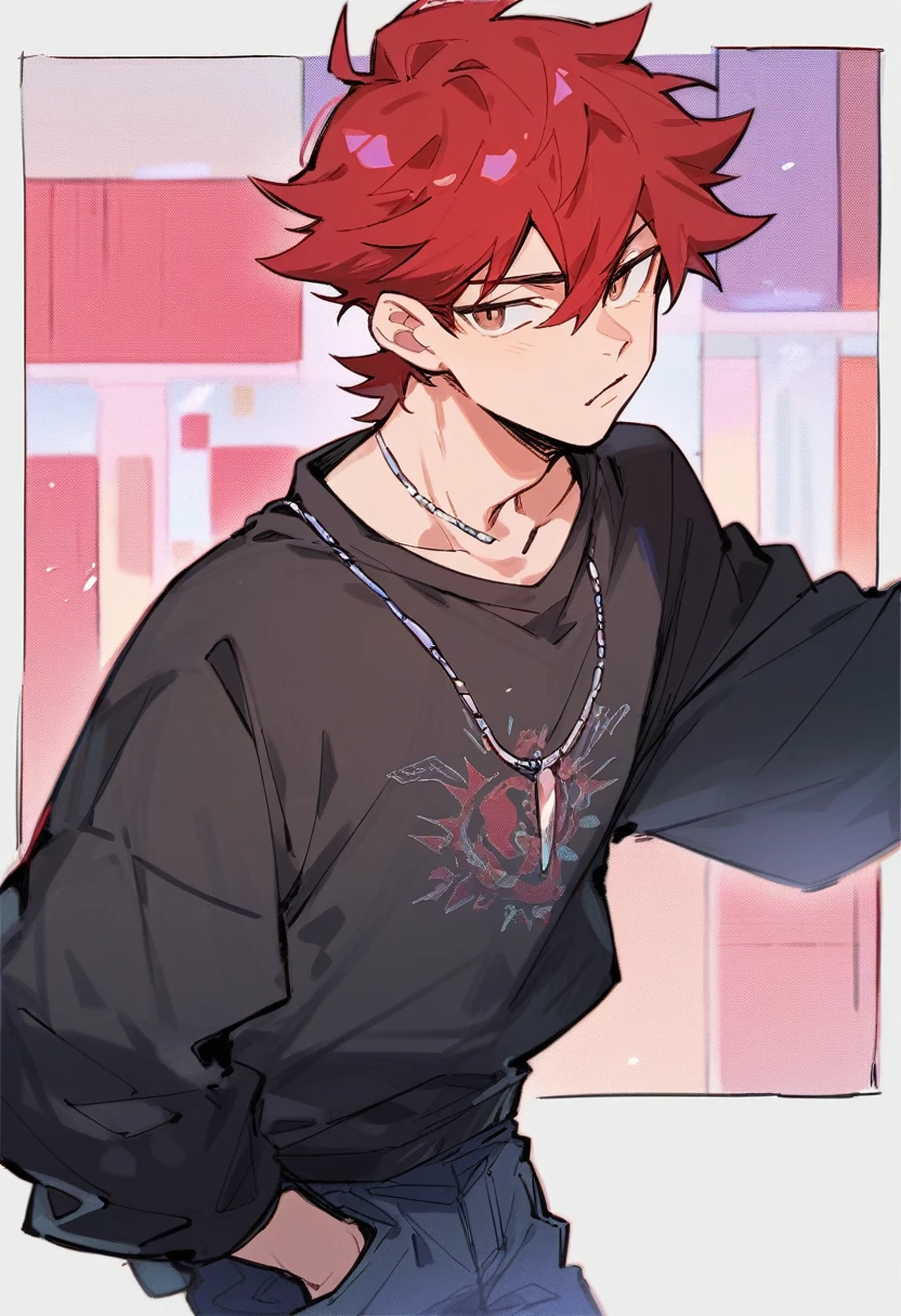 A age boy with red hair, Brown eyes, dressed in a black sweatshirt and has a necklace on his neck