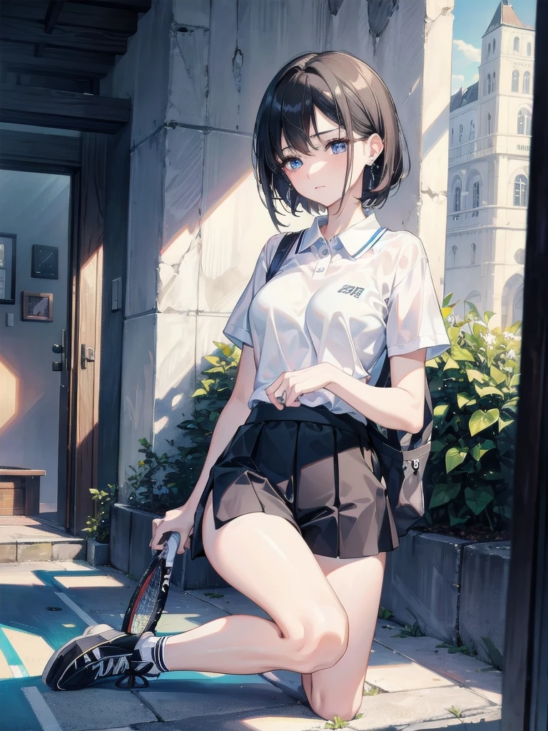 absurdres, RAW photo, extremely delicate and beautiful, masterpiece, Best Quality, ultra high resolution, 32k, hyperrealistic, ultra-detailed, in her 20s, delicate facial features, tearful mole, earring, medium breasts, full body shot, shorter middle hair, black hair, tennis uniform, shirt, shorts,