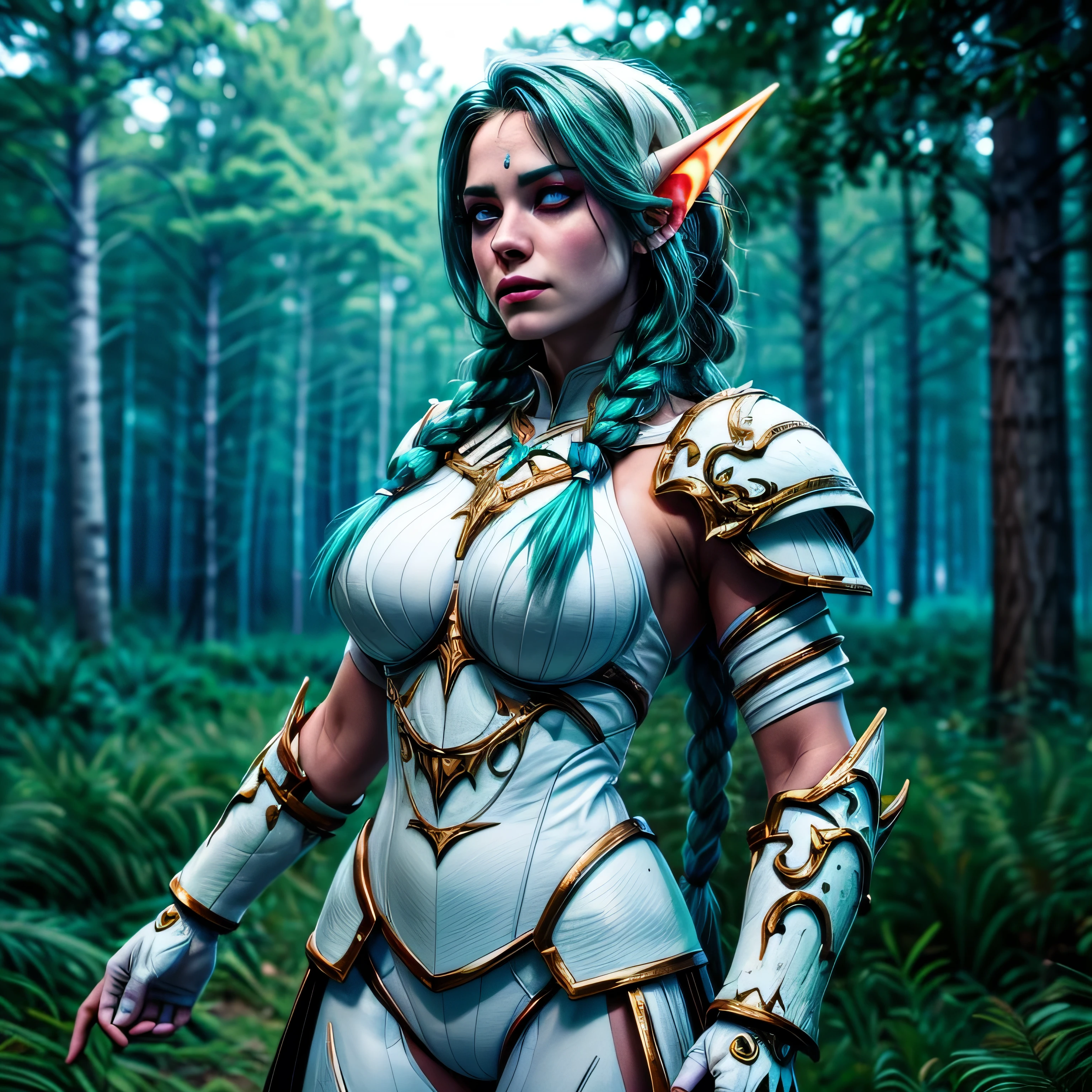 (masterpiece, photorealistic:1.4, extremely intricate:1.3), (photon mapping, radiosity, physically based rendering, ultra resolution, hyper-realistic, 8K), ((beautiful tyrande stand up twin braids, glowing aqua eyes, ((((white armor)), [medium breasts:large breasts:0.3], [skin detail:freckles:0.9])), pauldrons, forest, upper torso)), background outdoor, flowers, glowing butterflies, bokeh, sunset, [aqua hair:blonde hair:0.8]