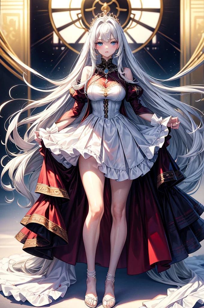 masterpiece, best quality, distinct image, 1 girl, 16 year old teenager, elegant and royal style ornate ruffled dress, solo. soft facial features, symmetrical shaped face, cherry red lip, alabaster white skin, sky blue eyes-colored eyes, tall height(185cm), slender yet thick, striking white hair, flowing long hairstyle, long and slender legs, curvy wide hips stretching the dress, full body image,