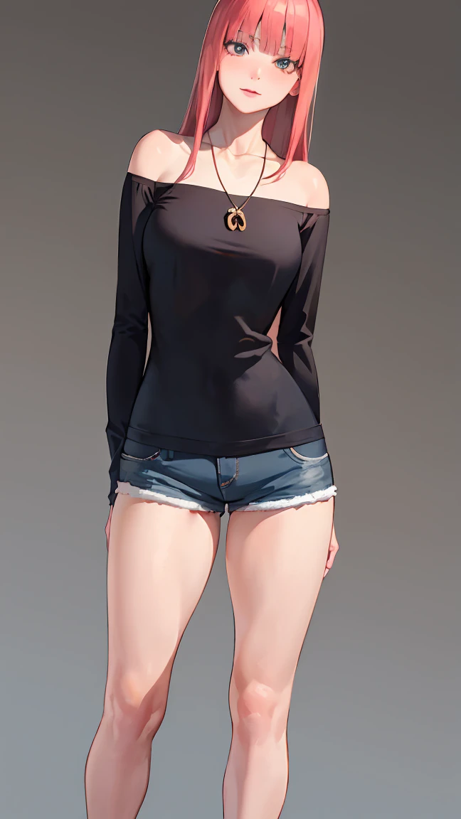 Nino Nakano,
BREAK (off-shoulder shirt, shorts, jewelry, pendant:1.2),
BREAK full bodyesbian,Standing on the ground,Slim,long leges,Stand up straight,nothing background,Slim,extra long leg,A sagging breast,arms behind back,
BREAK ((top quality, 8k, masterpiece: 1.3, ultra hd, high quality, best quality, high definition, realism)), sharp focus: 1.5, Beautiful woman with Slim body, (perfect hands, perfect anatomy),