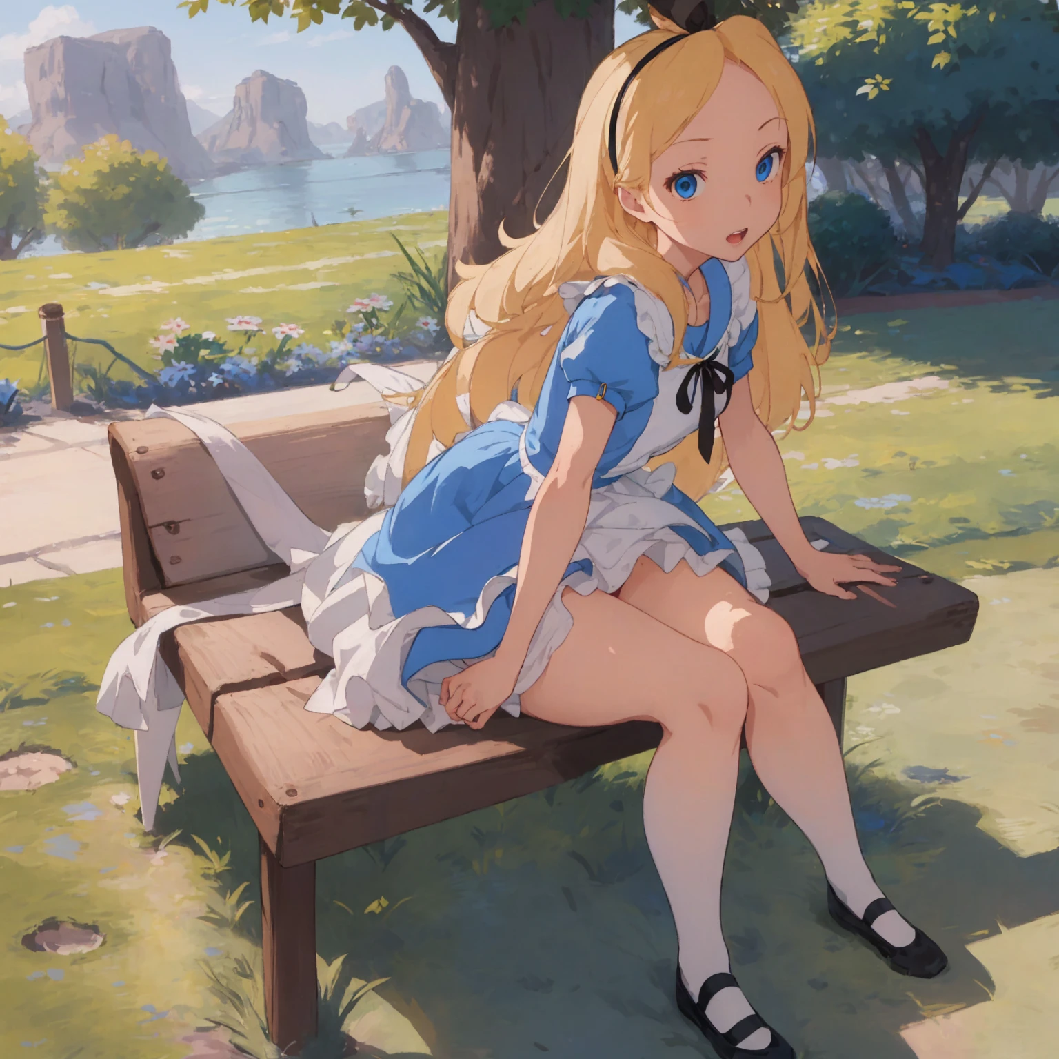 (masterpiece, Highest quality;1.3), Very detailed , One girl, View your viewers, throw, nature, alice liddell, Blue mini skirt, long white socksred String, Black hair band, Blonde long hair, Porn, Seductive posture, Sit on a bench, Spread your legs wide, Grab the hem of your skirt, Roll up your skirt, Accurate anatomy, Cowboy Shot, (I had already finished :1.3) , teeth, Browsing Caution , ((string, String,)):1.3 , Rear View , View your viewers , Present, Expose , Seductive posture, I had already finished, Sexy pose, Fascinating, Under the skirt, sexy and gorgeous panties , Low angle shot from between the knees, Love juice seeps through panties