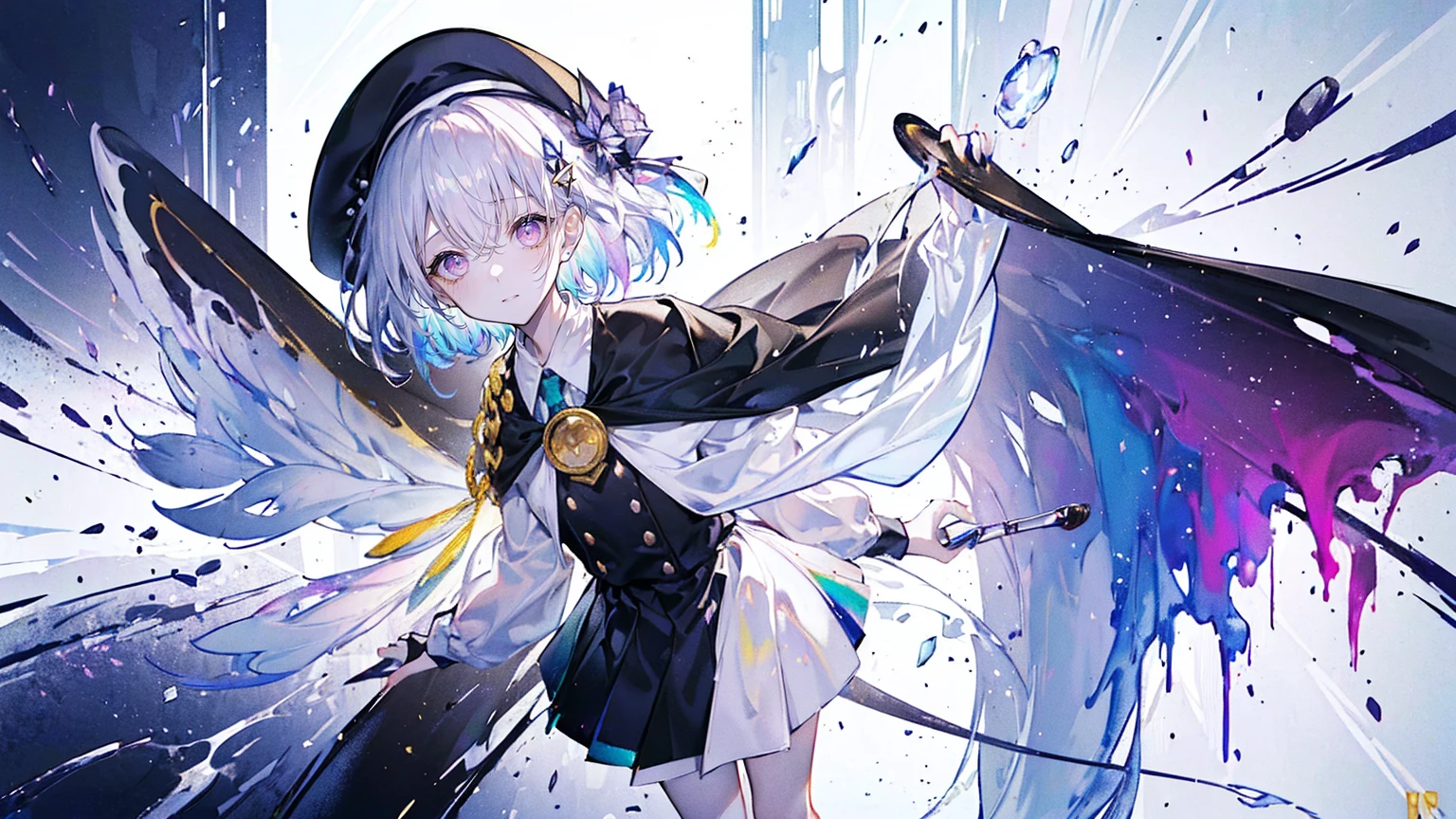 (Super detailed)),((illustration)),((masterpiece)),(((need))),((fine、Highest quality CG Unity 8K wallpapers,masterpiece),((4K,masterpiece,best quality)),rainbow发的大概16岁的少女,flat chest,short hair,Gold and silver eyes,Golden Apprentice Uniform,Black short cape,Berets,Black shoes,Paint flowing under your feet,White Silk,Take the color palette,White short skirt covered with paint,Monocle,The walls are covered with portraits,身边有rainbow,phantom,Exhaustion,Overworked,Look in the mirror,The mirror reflects me in different clothes,Standing in a white room,Paint condensed in the air,rainbow,individual,Full body picture