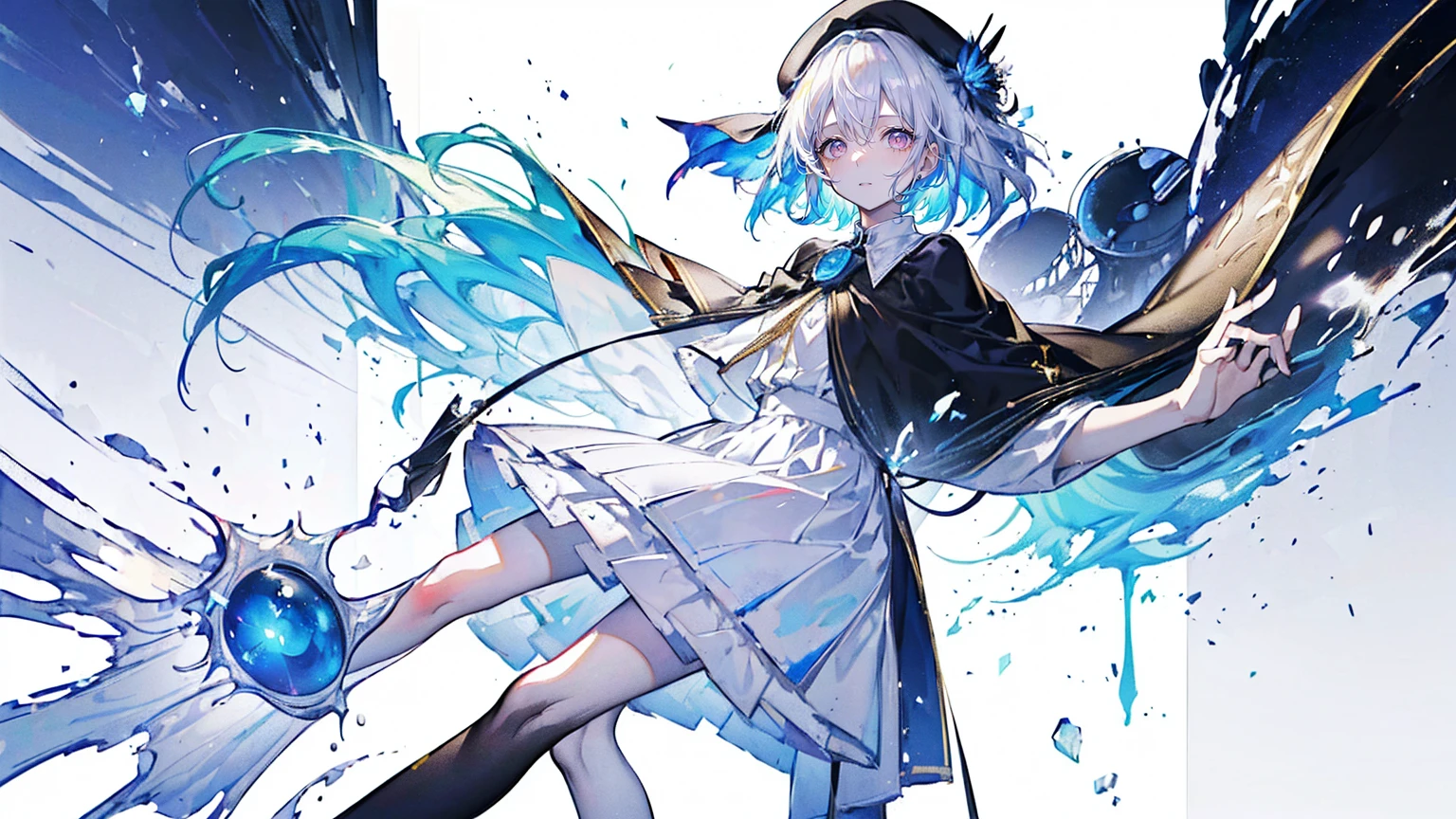 (Super detailed)),((illustration))，((masterpiece)),(((need))),((fine、Highest quality CG Unity 8K wallpapers，masterpiece），（（4K，masterpiece，best quality）），rainbow发的大概16岁的少女，flat chest，short hair，Gold and silver eyes，Golden Apprentice Uniform，Black short cape，Berets，Black shoes，Paint flowing under your feet，White Silk，Take the color palette，White short skirt covered with paint，Monocle，The walls are covered with portraits，身边有rainbow，phantom，Exhaustion，Overworked，Look in the mirror，The mirror reflects me in different clothes，Standing in a white room，Paint condensed in the air，rainbow，individual，Full body picture
