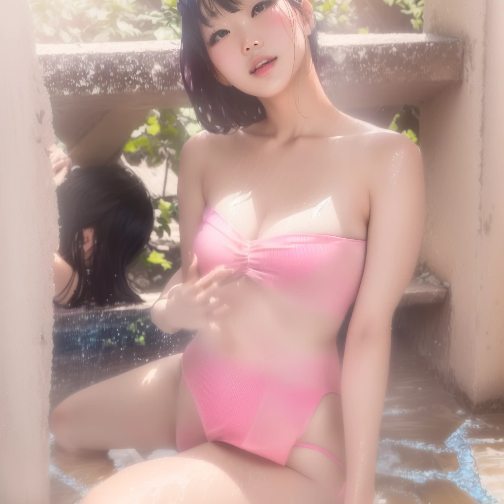 Asian woman in pink swimsuit sitting on the ground, realistic Young Gravure Idol, Young and cute gravure idol, A sophisticated gravure idol, Wet swimsuit, Young Gravure Idol, Young and sexy gravure idol, Wearing a swimsuit, Yoshitomo Nara, sakimichan, Young and skinny gravure idol, shikamimi