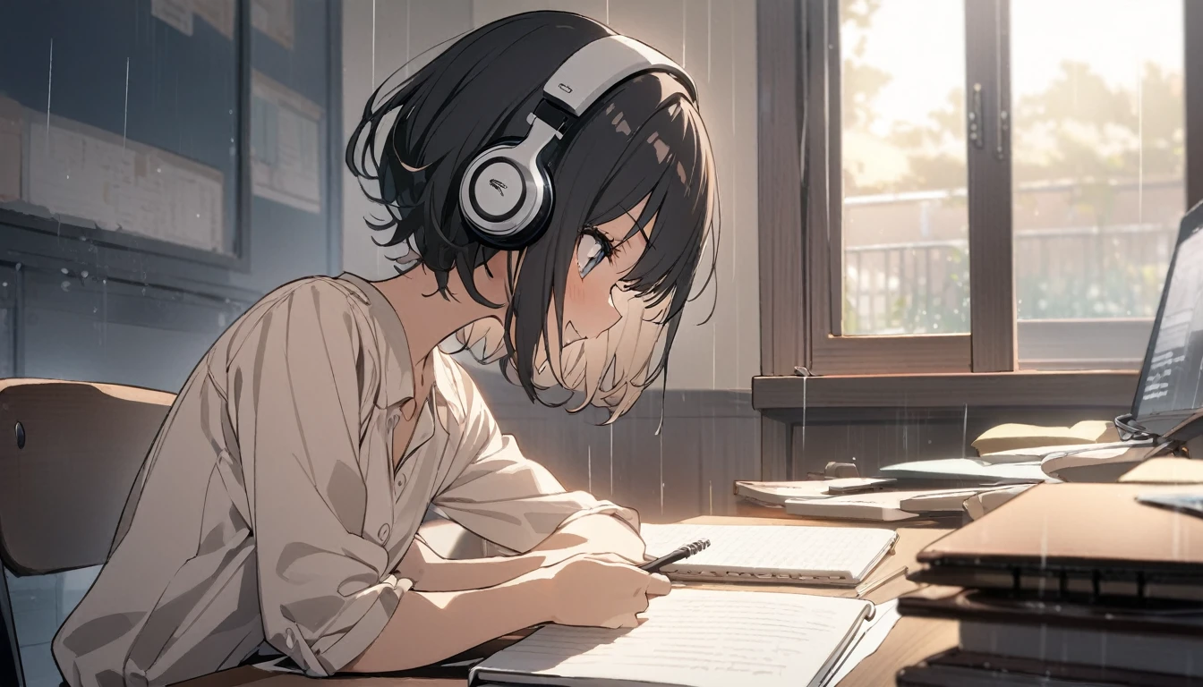 1girl, solo, gentle smile on her face flat chest, short hair, black hair, upper body, ((masterpiece, illustration, best quality)) ((best quality)), ((masterpiece)),Midnight、Inside the room、Rain outside the window、Young girl、Wearing headphones、Concentrate and study at your desk、Notebook on desk、coffee、smartphone、There is only a small light from the desk in the room.、Side view