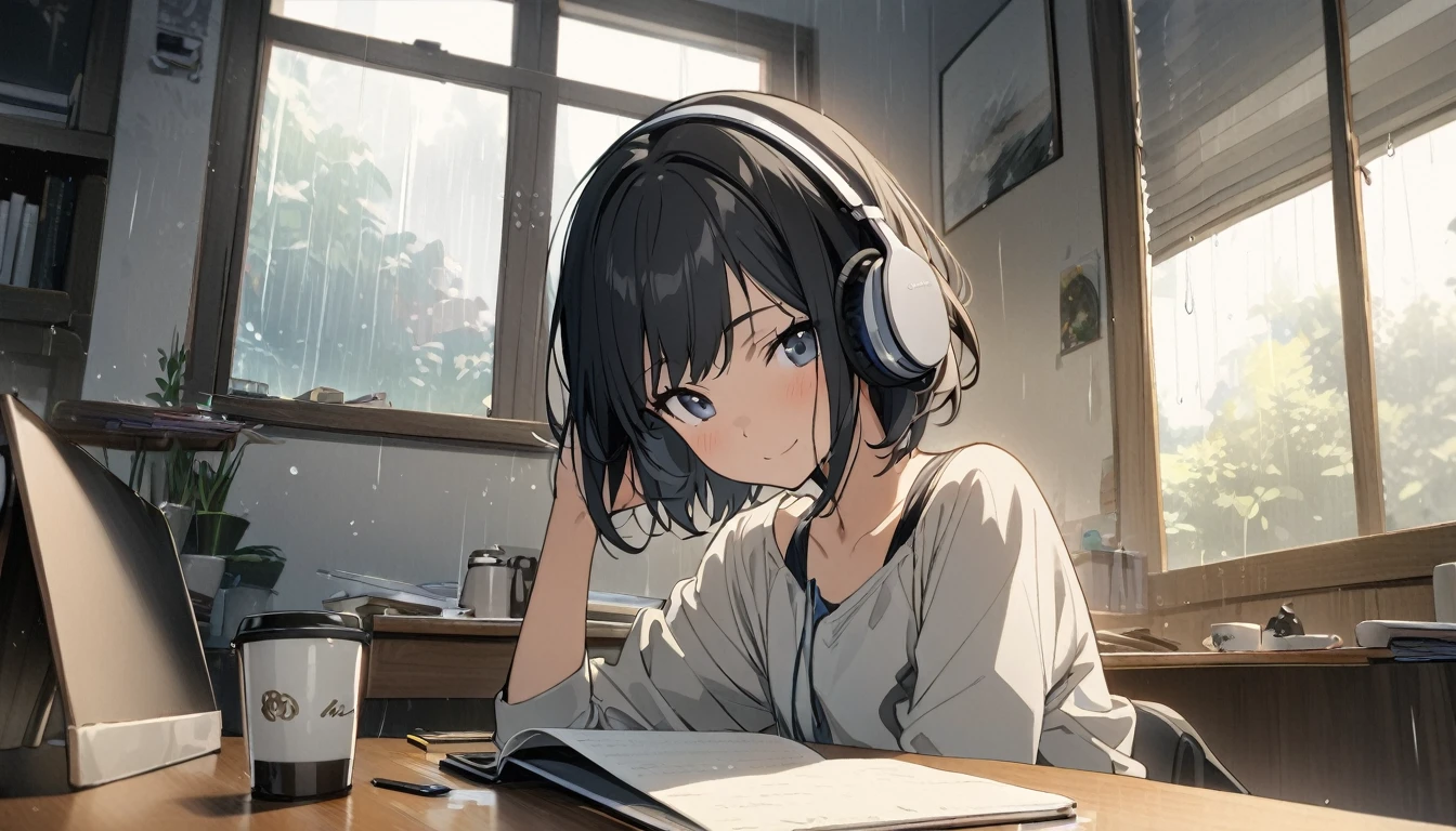 1girl, solo, gentle smile on her face flat chest, short hair, black hair, upper body, ((masterpiece, illustration, best quality)) ((best quality)), ((masterpiece)),Midnight、Inside the room、Rain outside the window、Young girl、Wearing headphones、Concentrate and study at your desk、Notebook on desk、coffee、smartphone、There is only a small light from the desk in the room.、Side view