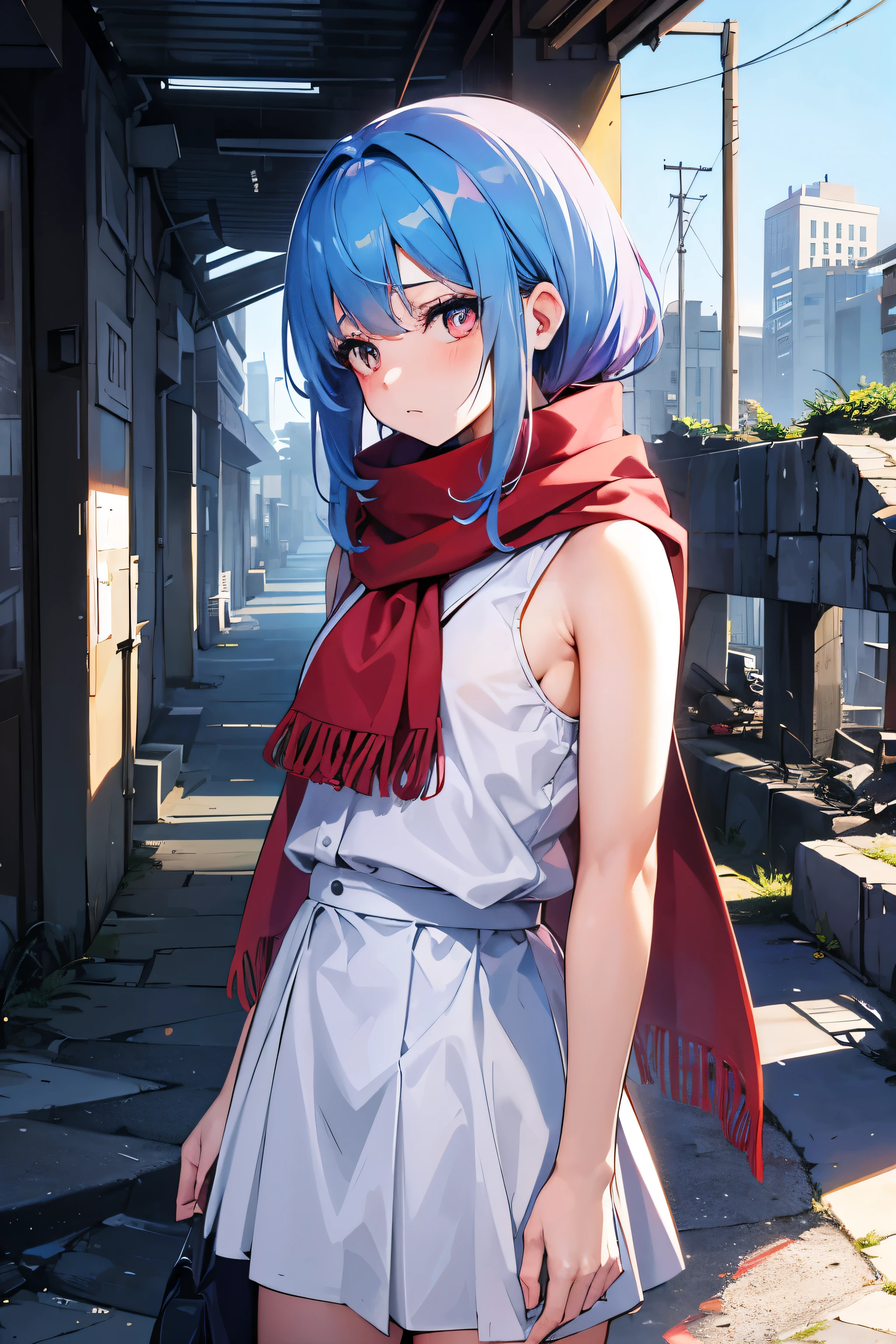A young girl with blue hair, wearing a white hood and red scarf, stands in front of an abandoned city. She is also wearing a mini skirt that complements her outfit. The dragon that was previously by her side is now gone. The tips of her hair are tinged with pink, adding a touch of color. The scene is tinged with soft pink hues, creating a melancholic and serene atmosphere. The crumbling buildings and deserted streets of the city serve as a stark contrast to the girl's determined and hopeful expression.