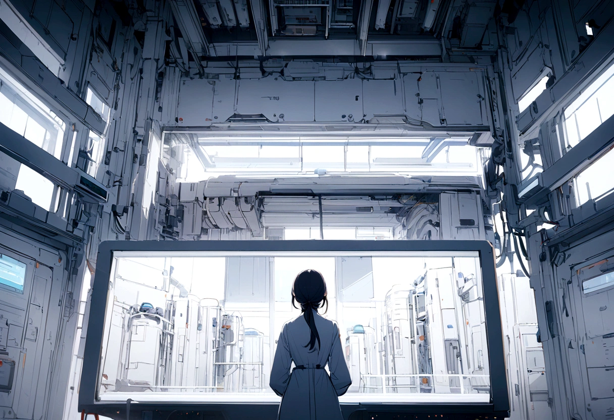 White wall, A large monitor hanging on the wall of a bright white science lab