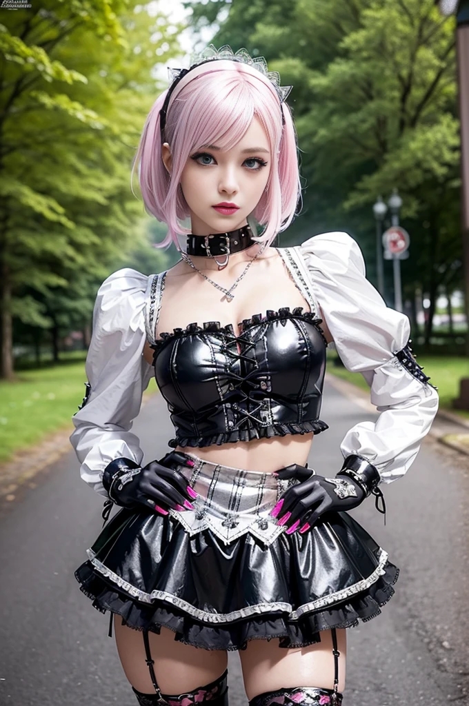 sexy stylish Swedish model, only 1 female, ((doll-like appearance)), short neon pink stylish hair, ((shiny Punk-Style boots)), (beautiful smile), ultra detailed eyes, Punk makeup, lipgloss, ((sexy Punk ta cosplay)), unconventional skirt, petticoats, high neckline, ((ultra detailed lace)), ((ultra detailed embroidery)), intricate details, tartan patterns, (silver chains), (silver spikes), (safety pins), Punk Loliccessoires, Punk Lolita cr, ((large sparkling Punk Lolita jewel, cinematic light, detailed large park background with trees