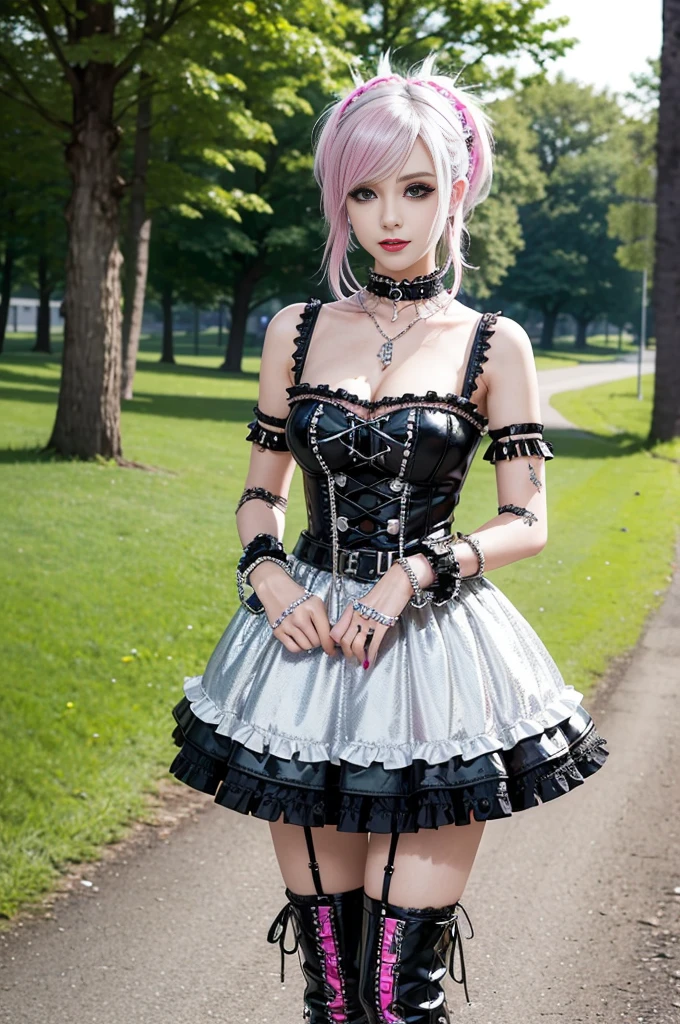 sexy stylish Swedish model, only 1 female, ((doll-like appearance)), short neon pink stylish hair, ((shiny Punk-Style boots)), (beautiful smile), ultra detailed eyes, Punk makeup, lipgloss, ((sexy Punk ta cosplay)), unconventional skirt, petticoats, high neckline, ((ultra detailed lace)), ((ultra detailed embroidery)), intricate details, tartan patterns, (silver chains), (silver spikes), (safety pins), Punk Loliccessoires, Punk Lolita cr, ((large sparkling Punk Lolita jewel, cinematic light, detailed large park background with trees