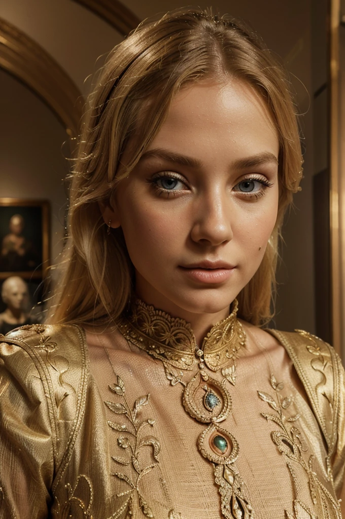 a beautiful blonde woman, beautiful golden blonde hair, detailed eyes, beautiful detailed lips, perfect body proportion, extremely detailed face, long eyelashes, in a museum, wearing a city outfit, (best quality,4k,8k,highres,masterproject:1.2),ultra-detailed,(realistic,photorealistic,photo-realistic:1.37),museum interior, classical architecture, dramatic lighting, intricate details, museum artifacts, elegant pose, flawless skin, fashion portrait