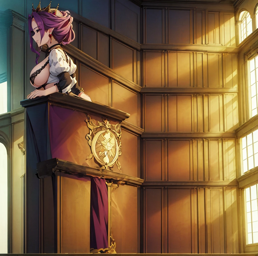 1 girl, alone,Mirelia_q_Melromarc, mqmf, standing, (big breasts), (Wide hips), (wide thighs), (black lingerie), (black bra), (black string thong), (teeth), Juliet_sleeves, corona, collar, purple_Hair, purple_eyes, lips, jewelry, embarrassed earrings, SMILE, 1 girl, alone,castillo, in the castillo room, Masterpiece, good lighting, ultra detailed, looking at the viewer, looking back, from behind, Focused on the, to throw ( from below), standing, perverse anatomy, perfect hands