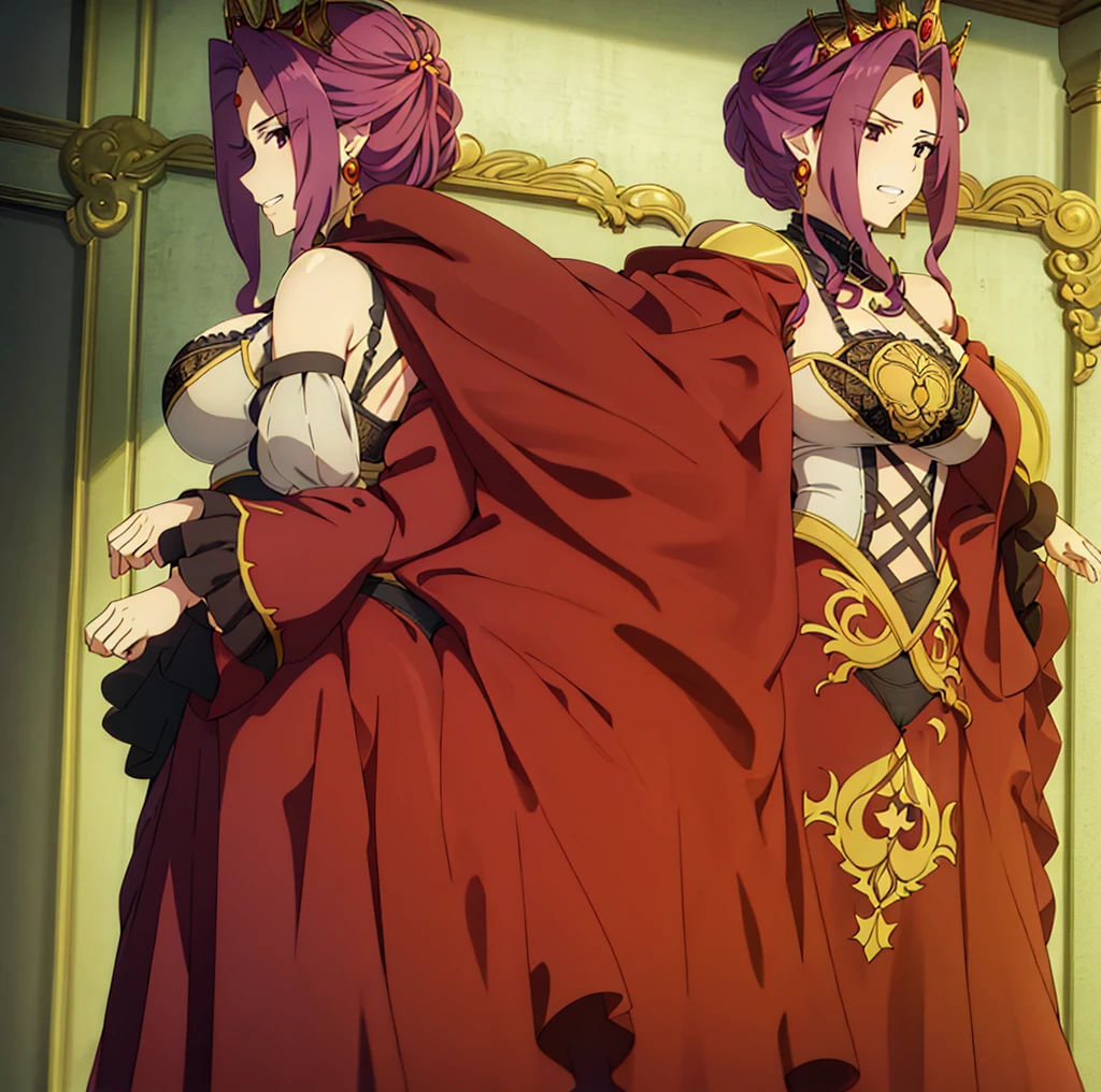 1 girl, alone,Mirelia_q_Melromarc, mqmf, standing, (big breasts), (Wide hips), (wide thighs), (black lingerie), (black bra), (black string thong), (teeth), Juliet_sleeves, corona, collar, purple_Hair, purple_eyes, lips, jewelry, embarrassed earrings, SMILE, 1 girl, alone,castillo, in the castillo room, Masterpiece, good lighting, ultra detailed, looking at the viewer, looking back, from behind, Focused on the, to throw ( from below), standing, perverse anatomy, perfect hands