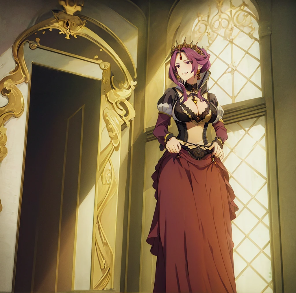 1 girl, alone,Mirelia_q_Melromarc, mqmf, standing, (big breasts), (Wide hips), (wide thighs), (black lingerie), (black bra), (black string thong), (teeth), Juliet_sleeves, corona, collar, purple_Hair, purple_eyes, lips, jewelry, embarrassed earrings, SMILE, 1 girl, alone,castillo, in the castillo room, Masterpiece, good lighting, ultra detailed, looking at the viewer, looking back, from behind, Focused on the, to throw ( from below), standing, perverse anatomy, perfect hands