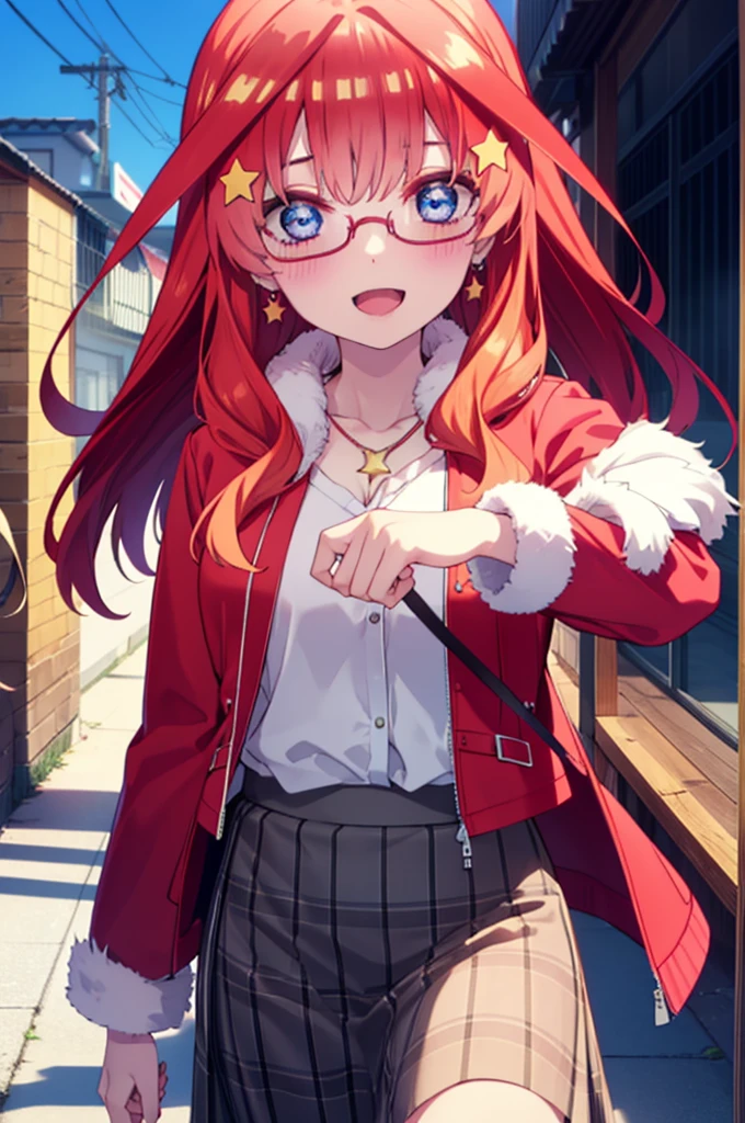 itsukinakano, itsuki nakano, bangs, blue eyes, Hair between the eyes, Ahoge, Redhead, star \(symbol\), hair ornaments, star hair ornaments,Akagi Glasses,smile,blush,Fun atmosphere,Open your mouth,Long Hair,Tie your hair back,Red jacket, (Checked fur jacket: 1.2), Checked skirt,Heeled Sandals, necklace, Handbags, Earrings,Walking,morning,morning陽,The sun is rising,whole bodyがイラストに入るように,
break outdoors, Building district, break looking at viewer,whole body,
break (masterpiece:1.2), Highest quality, High resolution, unity 8k wallpaper, (shape:0.8), (Beautiful and beautiful eyes:1.6), Highly detailed face, Perfect lighting, Extremely detailed CG, (Perfect hands, Perfect Anatomy),
