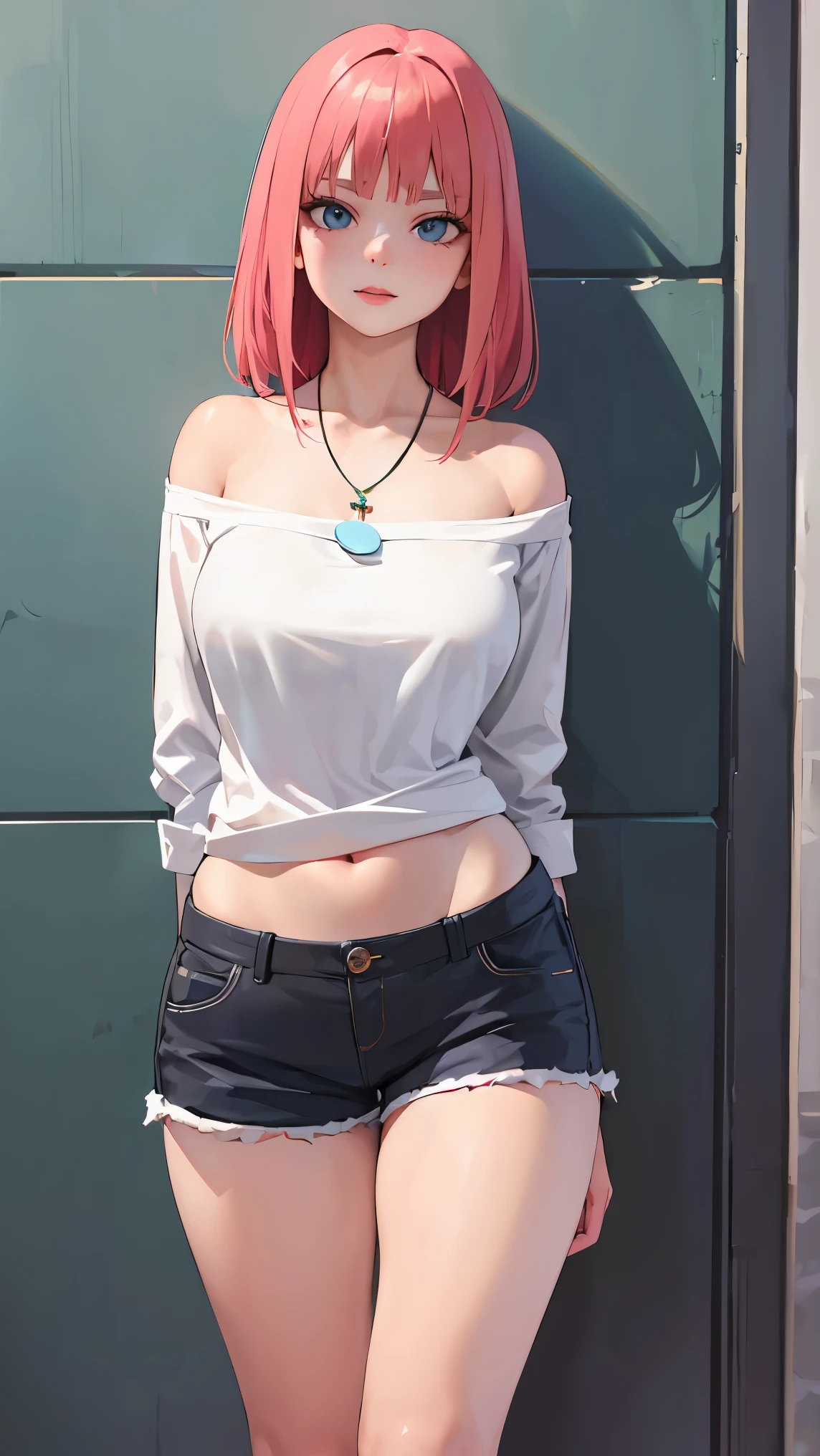 Nino Nakano,
BREAK (off-shoulder shirt, shorts, jewelry, pendant:1.2),
BREAK full bodyesbian,Standing on the ground,Slim,long leges,Stand up straight,nothing background,Slim,extra long leg,A sagging breast,arms behind back,
BREAK ((top quality, 8k, masterpiece: 1.3, ultra hd, high quality, best quality, high definition, realism)), sharp focus: 1.5, Beautiful woman with Slim body, (perfect hands, perfect anatomy),