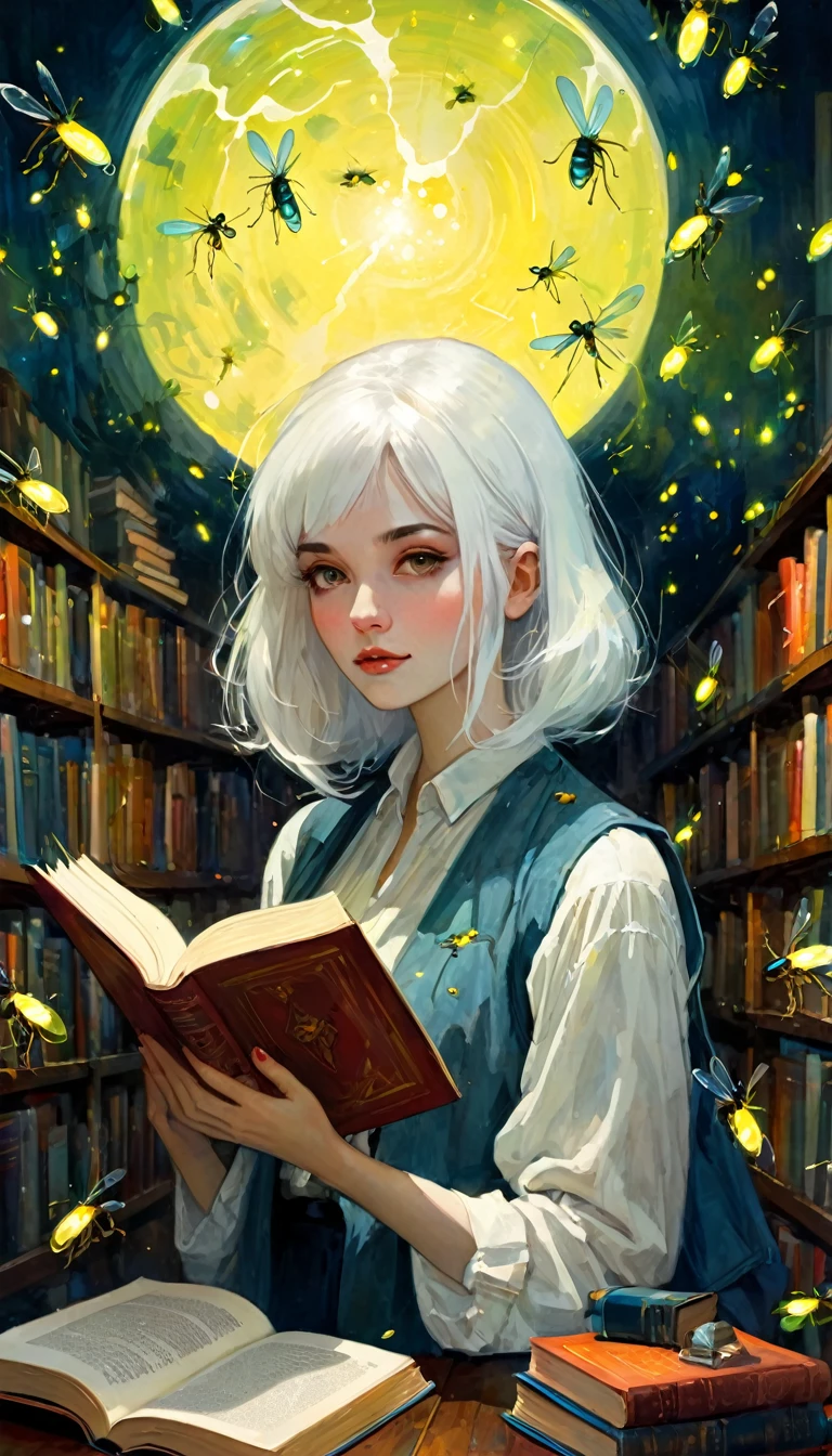 (((Best quality))), (((Ultra detailed))), ((((vivid)))), large library, books, ((particles, fireflies)), nostalgia, fantasy, 1 girl, white hair , (art inspired by Bill Sienkiewicz). oil painting)