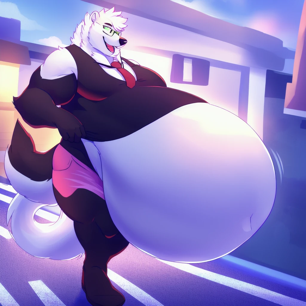 By mystikfox61, by glitter trap boy, by juiceps, by darkgem, solo, male, polar bear, white fur, green eyes, detailed eyes, detailed hands, muscular inflating body belly inflatión belly bloated , overweight, musclegut, big biceps, smiling, glasses, wearing a full suit and tie, standing, street, outside, wonderful day out