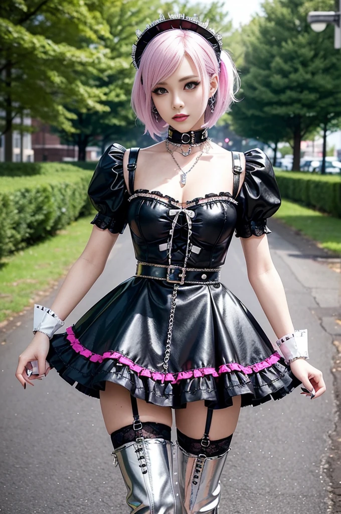 sexy stylish Swedish model, only 1 female, ((doll-like appearance)), short neon pink stylish hair, ((shiny Punk-Style boots)), (beautiful smile), ultra detailed eyes, Punk makeup, lipgloss, ((sexy Punk Lolita cosplay)), unconventional skirt, petticoats, high neckline, ((ultra detailed lace)), ((ultra detailed embroidery)), intricate details, tartan patterns, (silver chains), (silver spikes), (safety pins), Punk Lolita accessoires, Punk Lolita choker, ((large sparkling Punk Lolita jewelry)), cinematic light, detailed large park background with trees