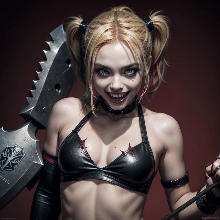 Harley quinn, black eyes, sharp teeth, evil smile, holding an axe