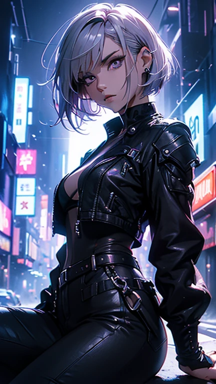 (ultrarealistic, high resolution, Best Quality, 4k, professional, cowboy shot), an image of a character sitting in an area illuminated with neon lights, beauty eyes, sharp eyes. Your Asymmetrical Pixie Hairstyle, silver hair, short hair, And the left-facing bangs with red highlights make her stand out... in pastel gothic style, Chinapunk, cryptic academy, album covers, urban landscape, dark purple and black, Right now